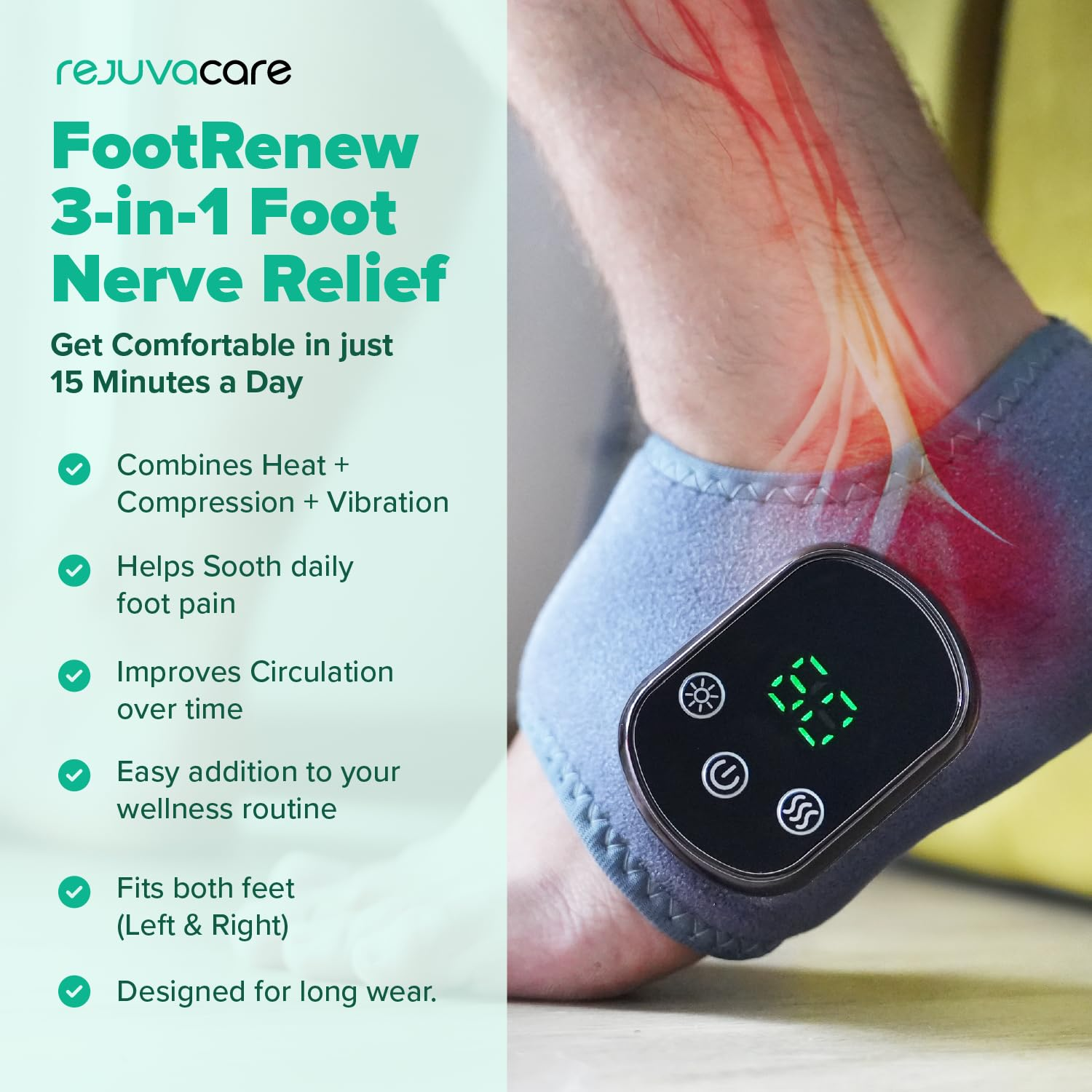 Werbebild für FootRenew 3-in-1 Fußnerven-Entlastungsgerät, das an einem Fuß getragen wird.
