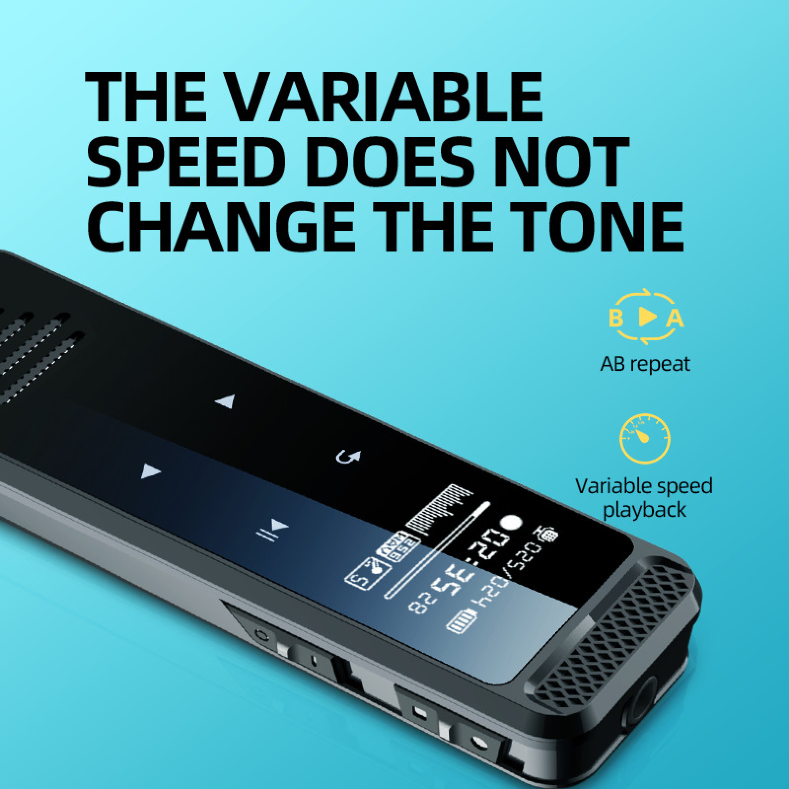 Ein schwarzer Audiorecorder vor blauem Hintergrund mit Text über variable Wiedergabegeschwindigkeit.