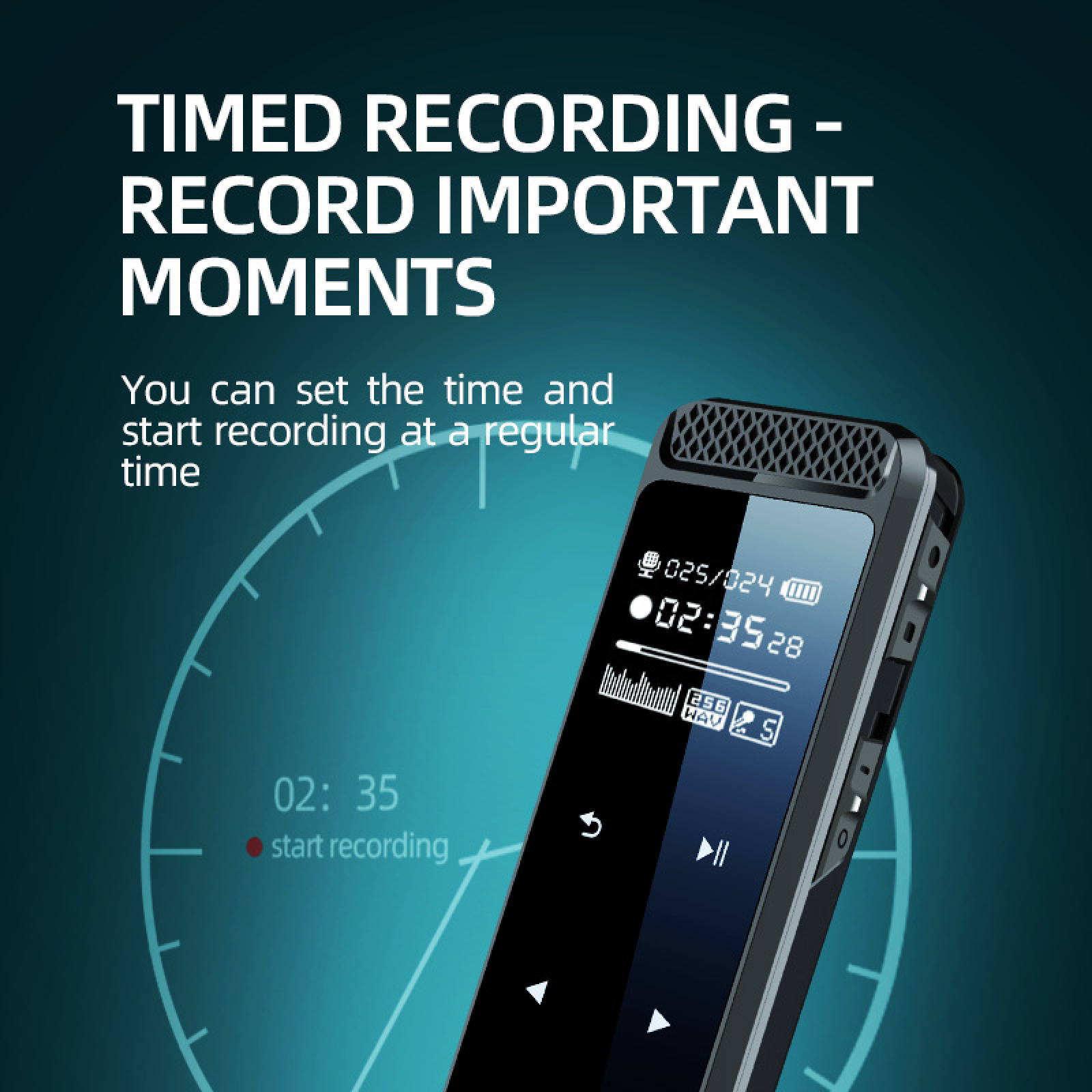 Digitale Sprachaufzeichnung mit Timer-Funktion und Uhr-Hintergrund.