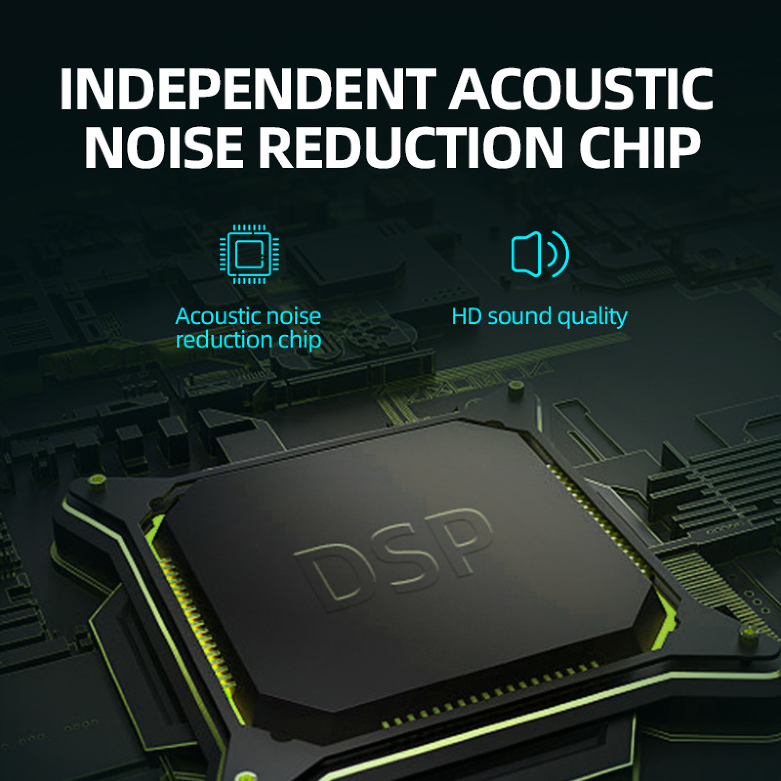 Ein DSP-Chip auf einer grünen Leiterplatte, der Rauschunterdrückung und HD-Klangqualität demonstriert.