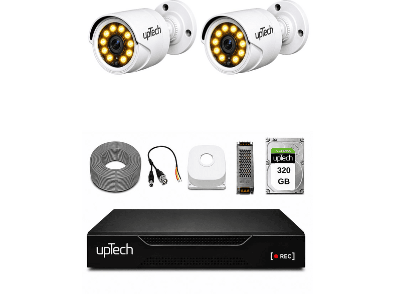 UPTECH Full HD 2 Kameralı Gece Renkli Görüş Su Geçirmez 320GB HDD 2239 Güvenlik Kamera Seti Beyaz