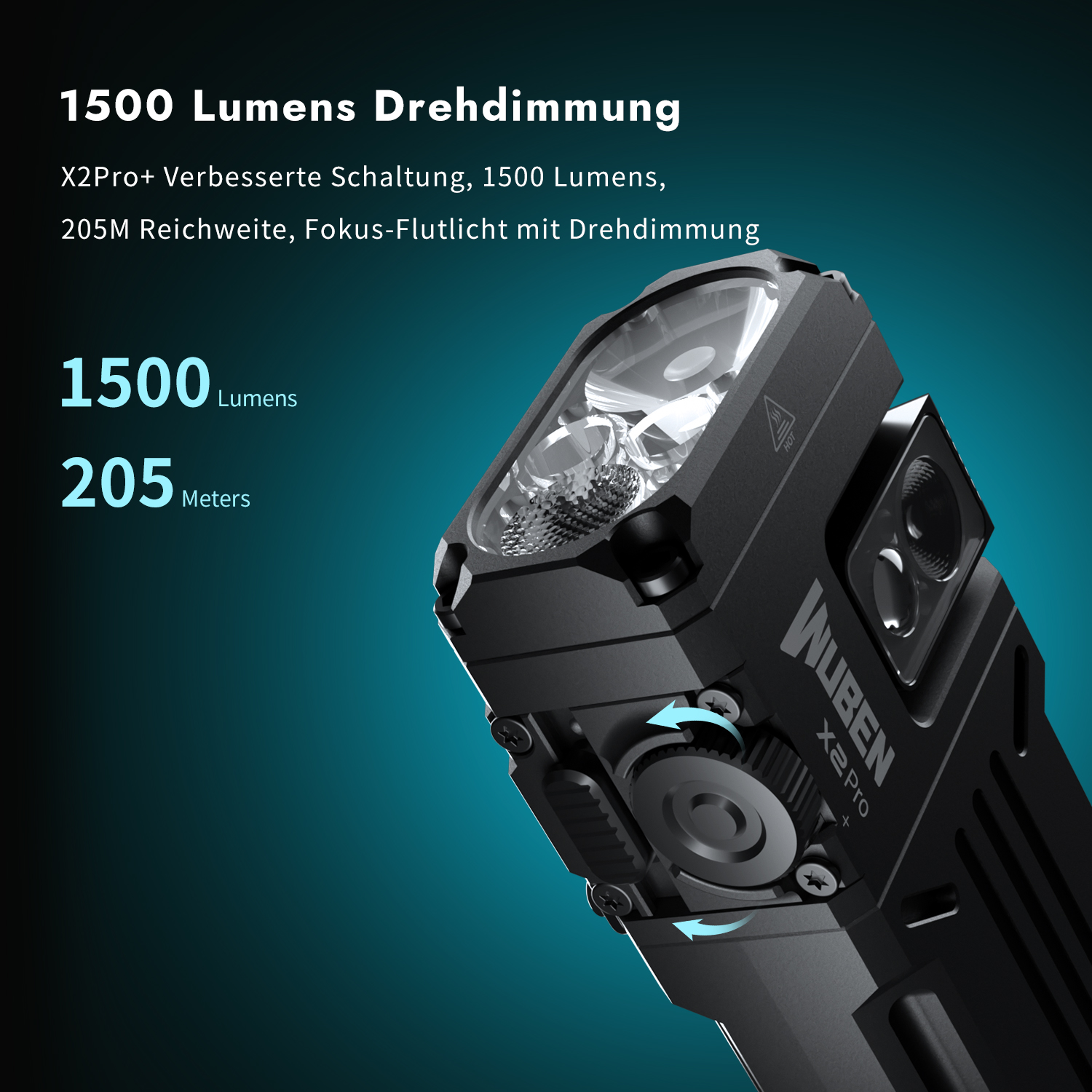 Eine schwarze Wuben Taschenlampe mit 1500 Lumen und Drehdimmung vor dunklem Hintergrund.