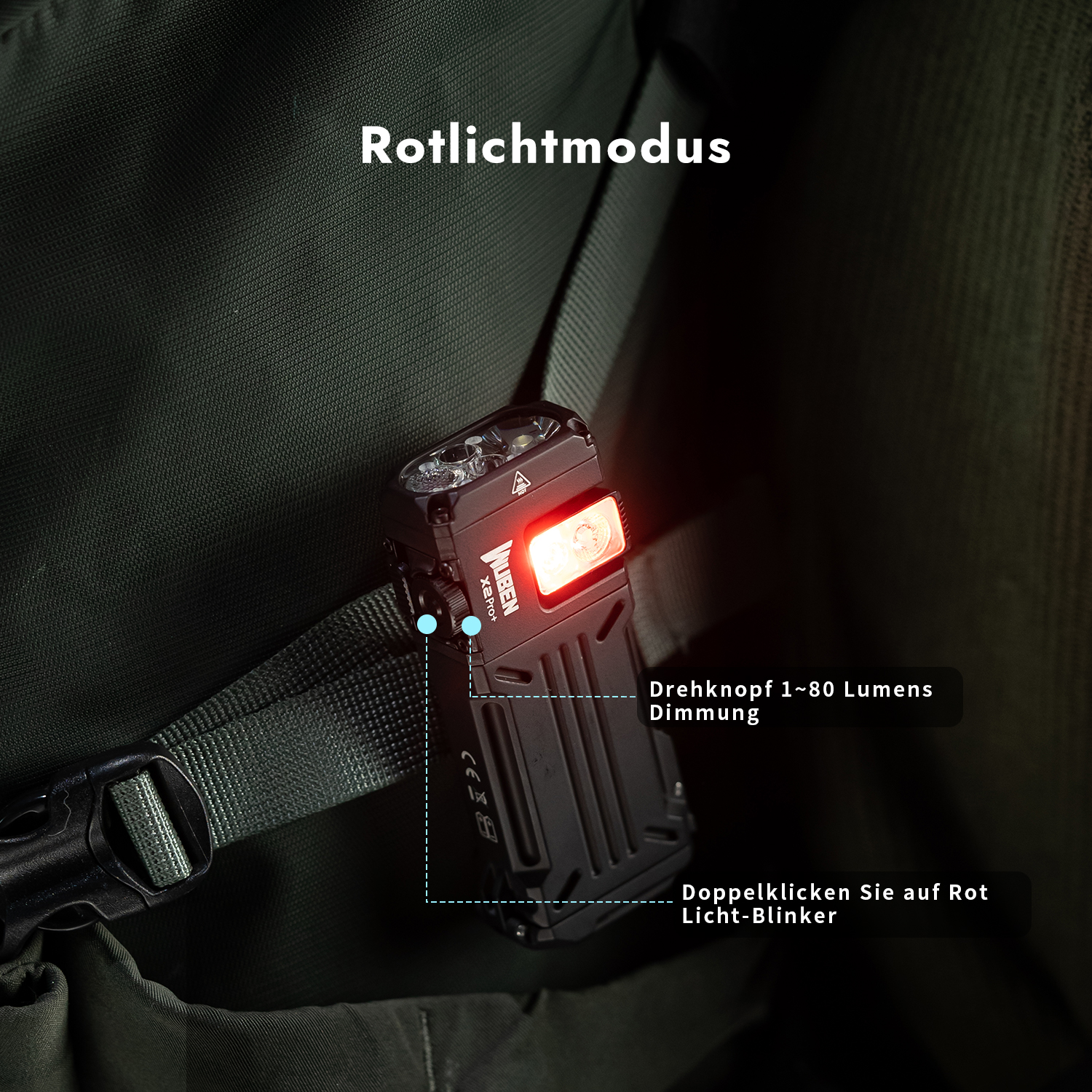 Eine schwarze Wuben-Taschenlampe mit Rotlichtmodus ist an einem grünen Rucksackriemen befestigt, mit erklärendem Text.