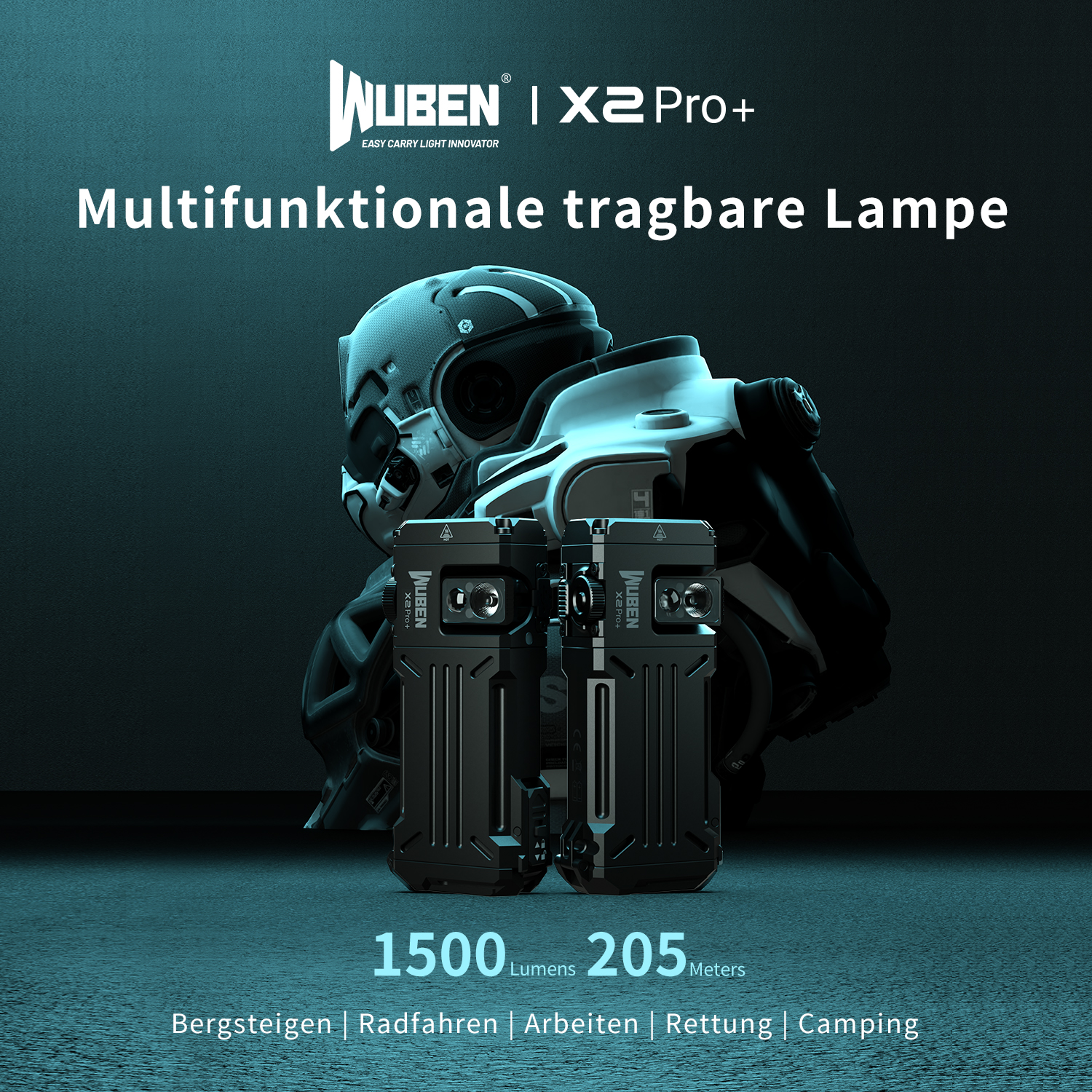 Wuben X2 Pro+ multifunktionale tragbare Lampe mit Helm im Hintergrund vor dunklem Hintergrund.