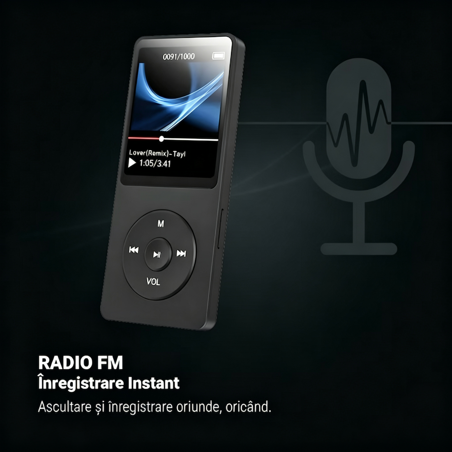 Ein schwarzer MP3-Player mit Farbdisplay und kreisrunden Steuertasten vor dunklem Hintergrund.