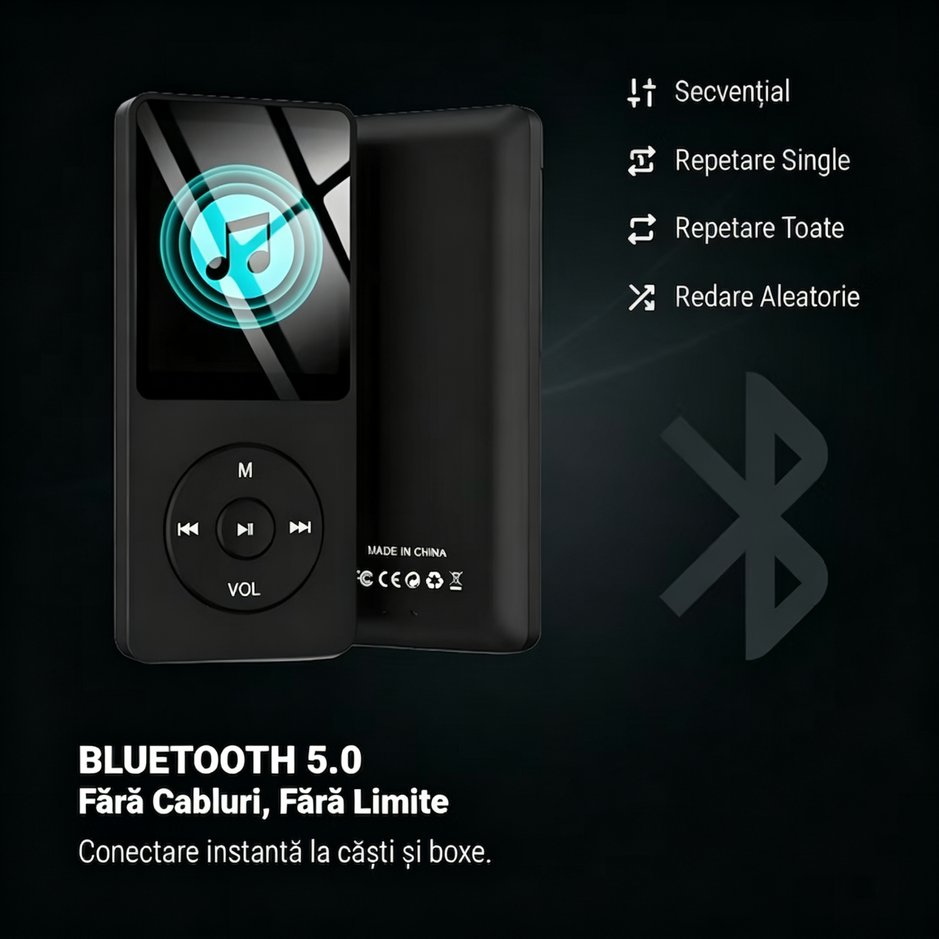 Schwarzer MP3-Player mit Bluetooth 5.0, Musik-Display und Tasten.
