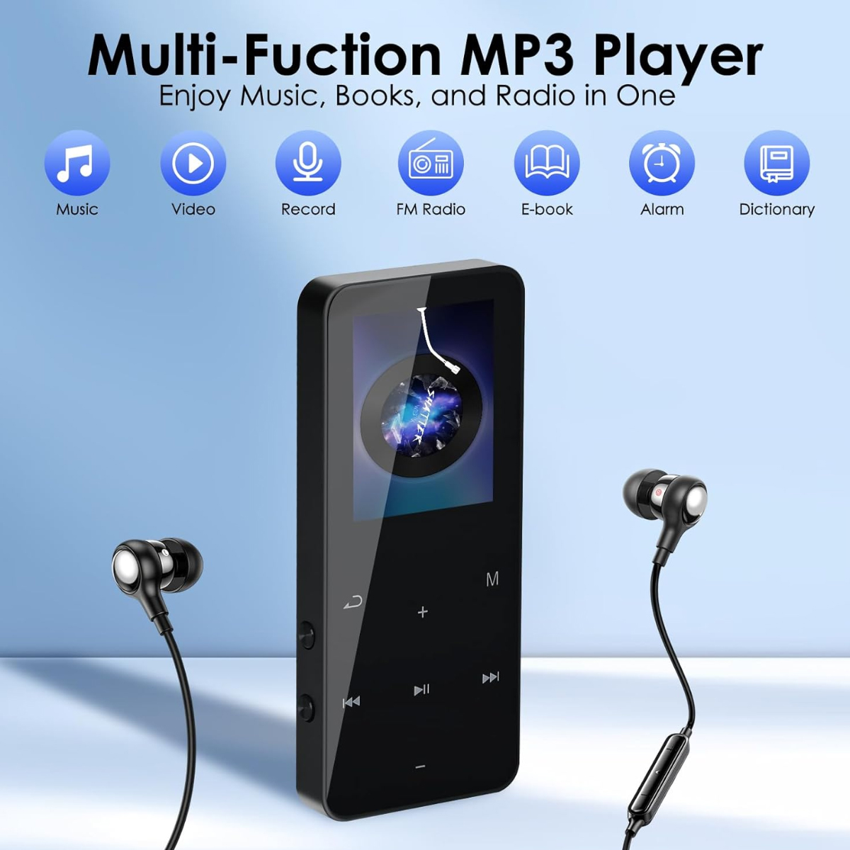 Ein schwarzer MP3-Player mit Kopfhörern und Symbolen für Musik, Video und FM-Radio auf blauem Hintergrund.