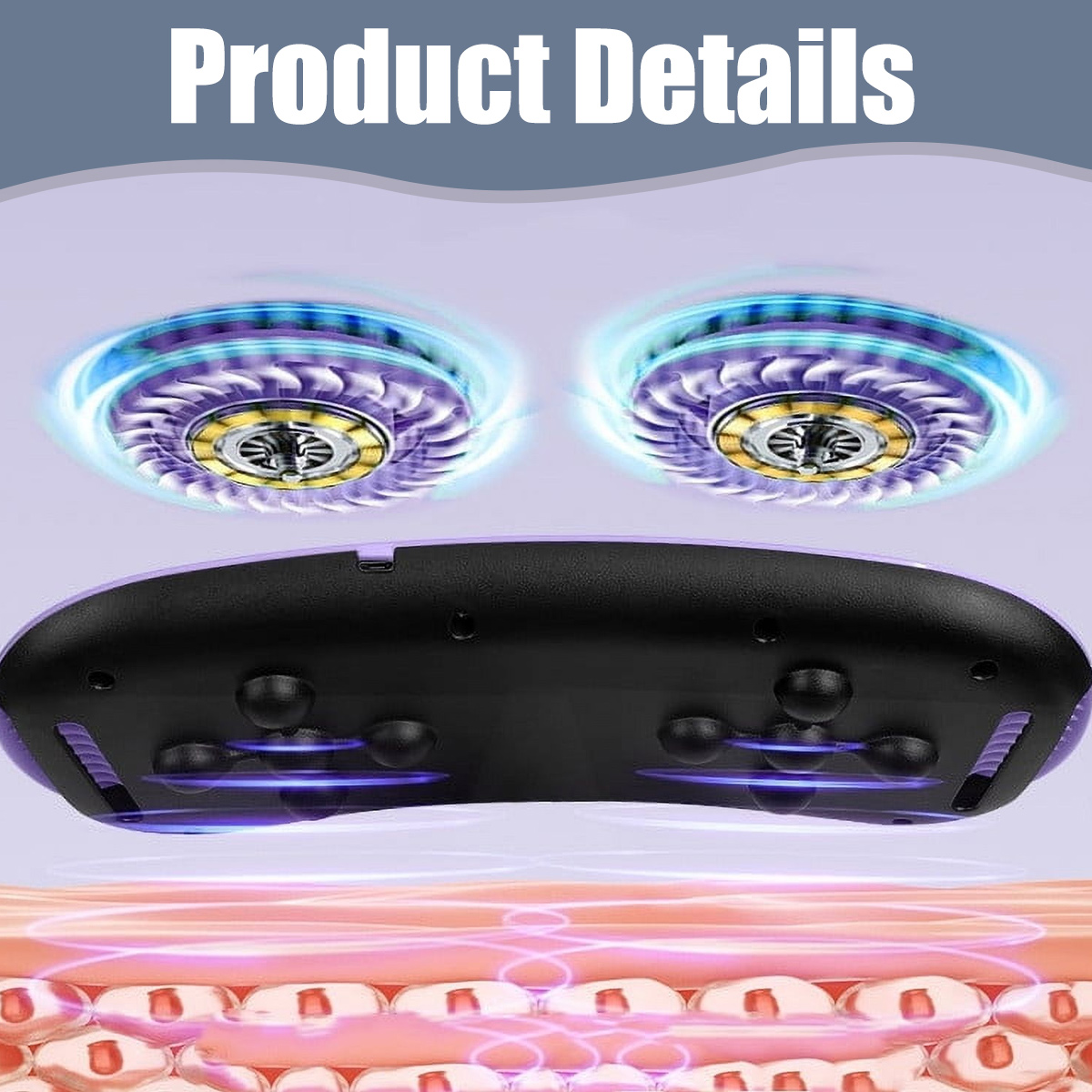 Produktzeichnung eines Massagegeräts mit rotierenden Aufsätzen und Vibrationseffekten auf einer Hautschicht.