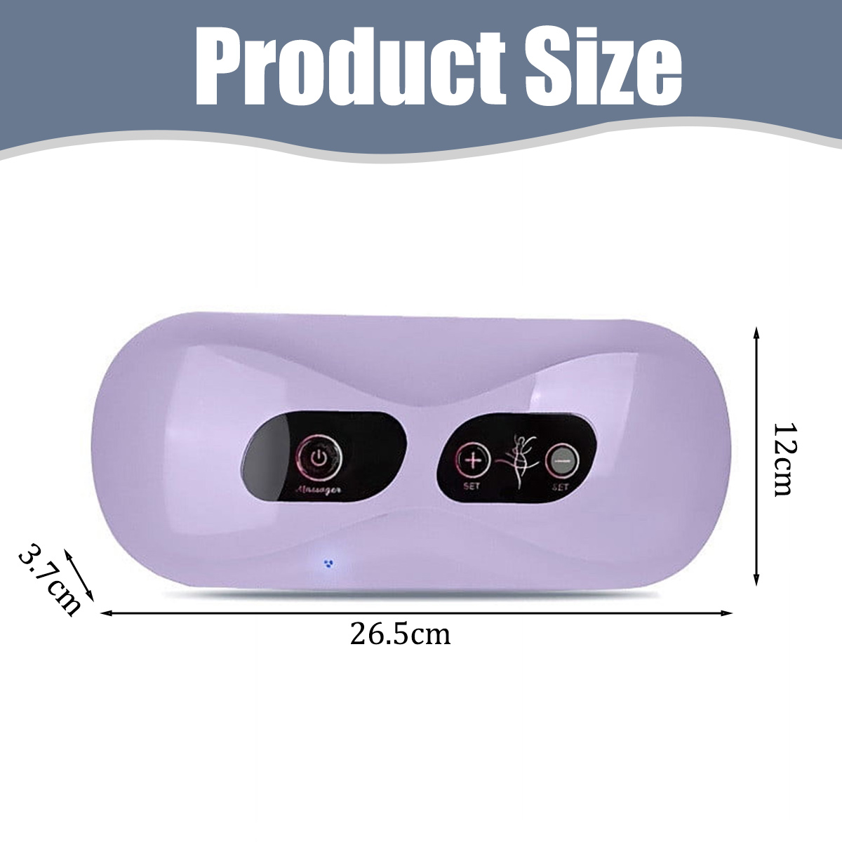 Lila Massagegerät mit Maßen: 26,5 cm Länge, 12 cm Höhe und 3,7 cm Dicke.