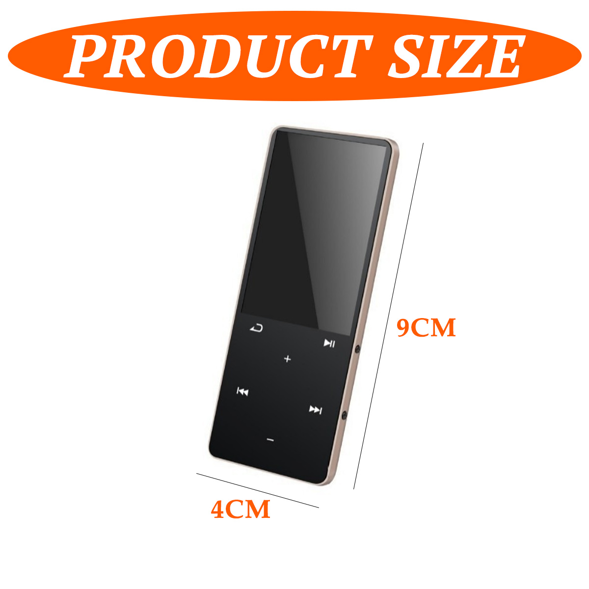 Ein MP3-Player mit den Maßen 9 cm Höhe und 4 cm Breite auf weißem Hintergrund.