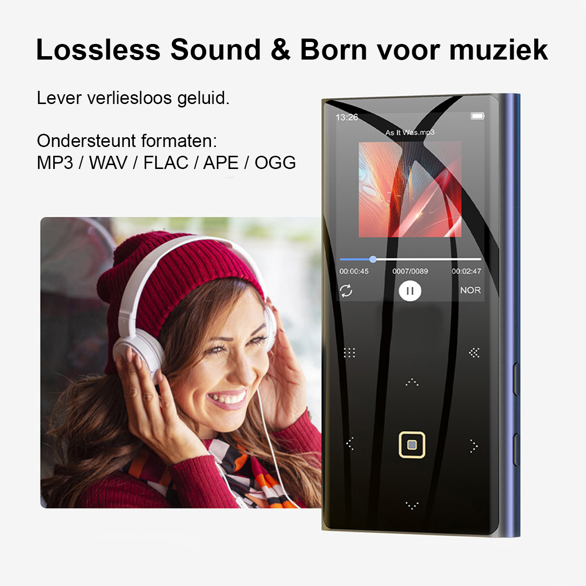 Eine lächelnde Frau mit weißen Kopfhörern und roter Mütze neben einem modernen MP3-Player mit Musikwiedergabe.