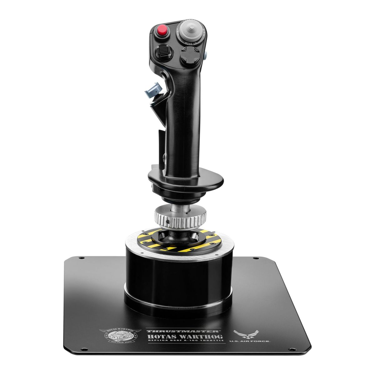 Un joystick negro Thrustmaster HOTAS Warthog con botones y base de metal sobre fondo blanco.