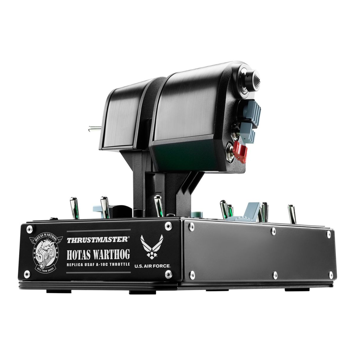 Acelerador de simulador de vuelo Thrustmaster HOTAS Warthog A-10C negro con numerosos interruptores.