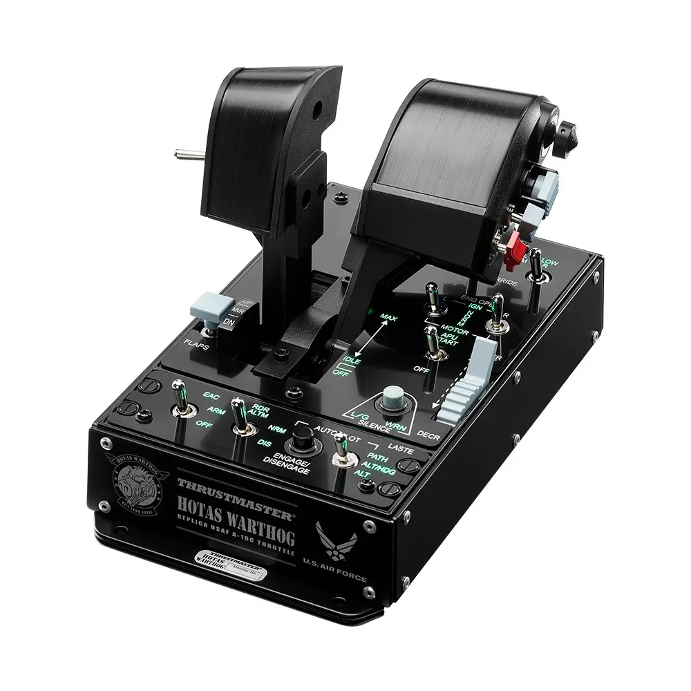 Un acelerador de simulación de vuelo Thrustmaster HOTAS Warthog negro con dos palancas e interruptores sobre fondo blanco.