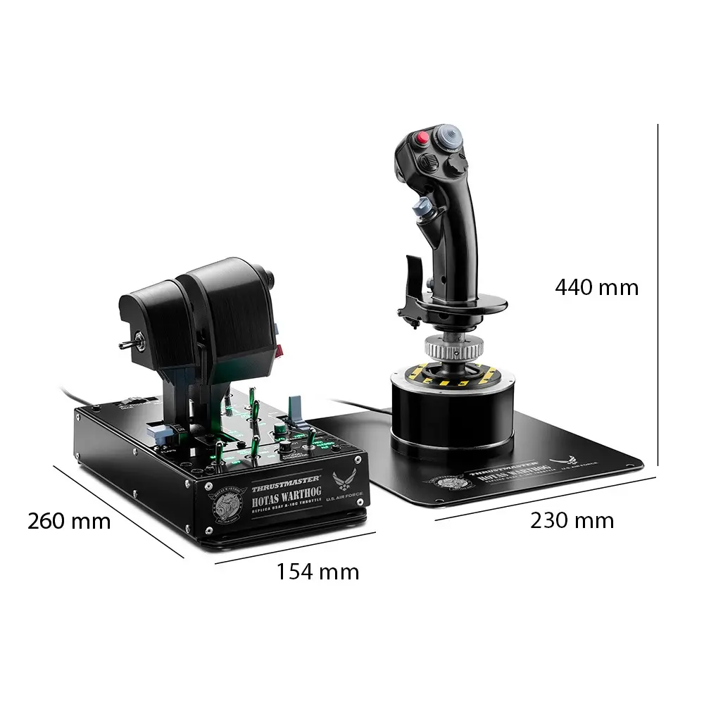 Joystick y acelerador Thrustmaster HOTAS Warthog con dimensiones sobre fondo blanco.