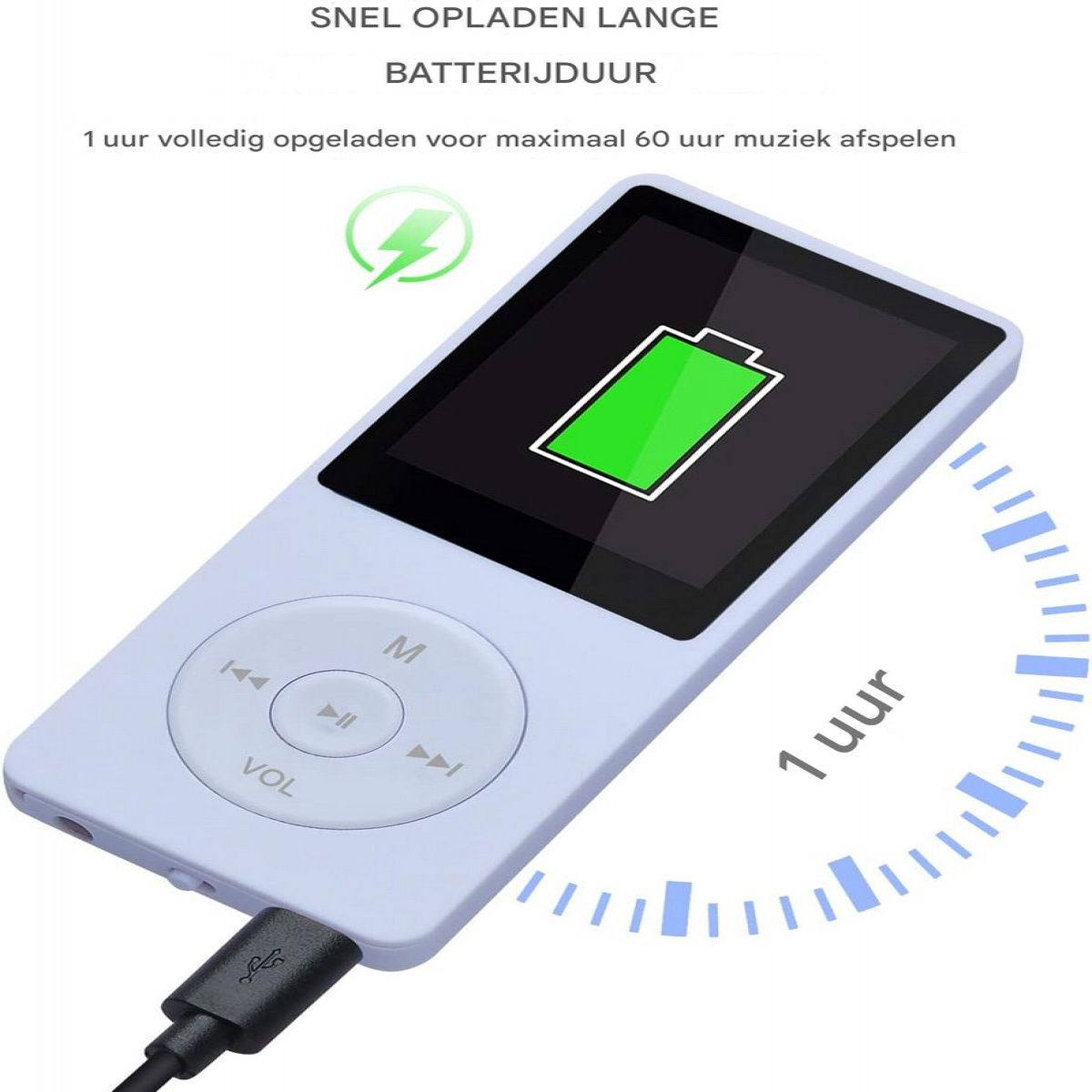 Ein weißer MP3-Player wird über USB aufgeladen; die Anzeige zeigt eine grüne Batterie und Text auf Niederländisch.