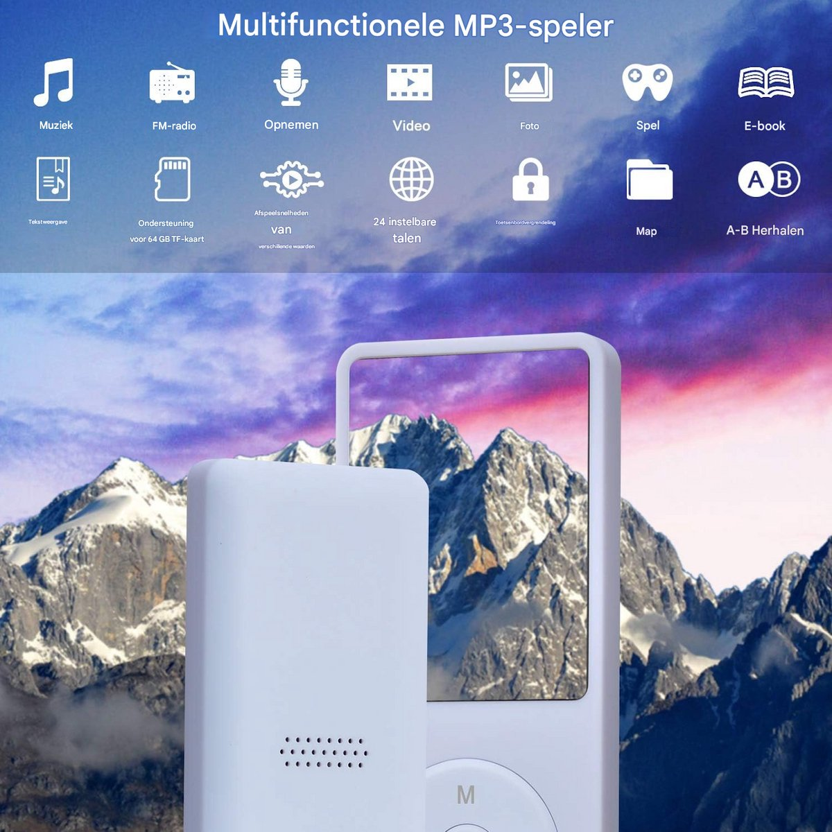 Werbebild für einen multifunktionalen MP3-Player vor einer Bergkulisse mit Symbolen für verschiedene Funktionen.