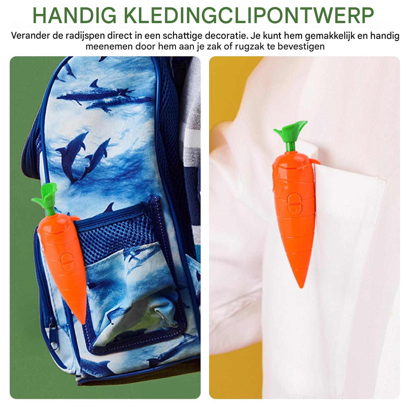 Karottenförmiger Clip an einem blauen Rucksack und einer weißen Hemdtasche.