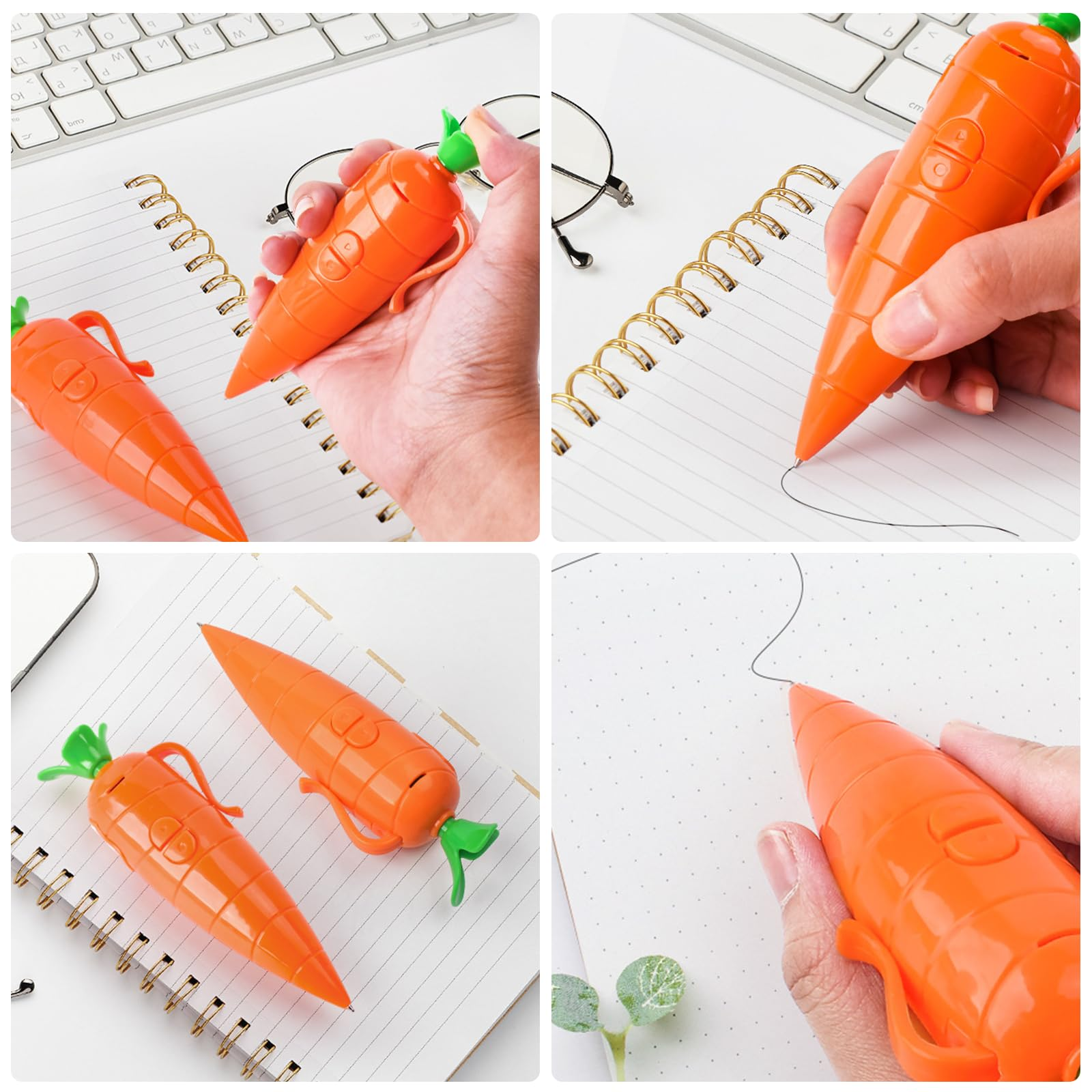 Eine Hand hält einen orangefarbenen Karottenkugelschreiber über einem linierten Notizbuch.