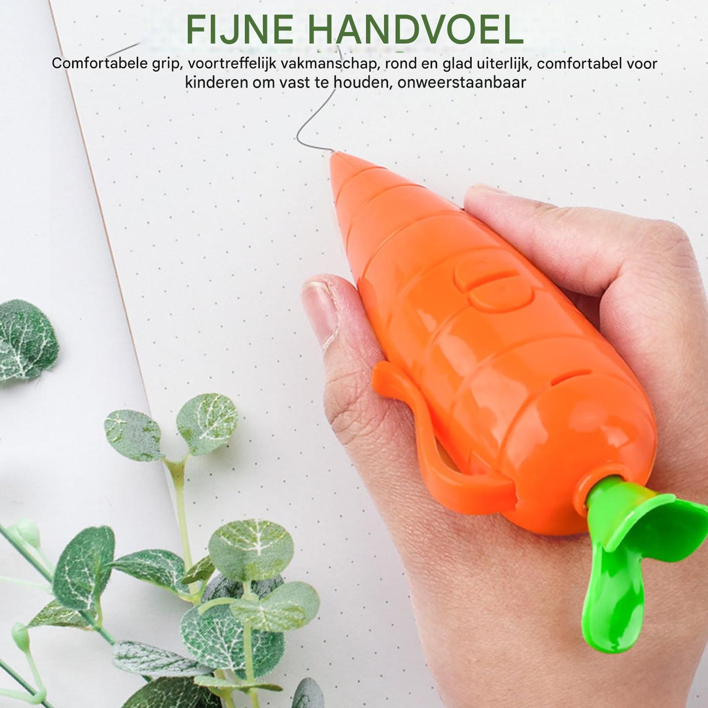 Eine Hand hält einen orangefarbenen karottenförmigen Stift über gepunktetes Papier.