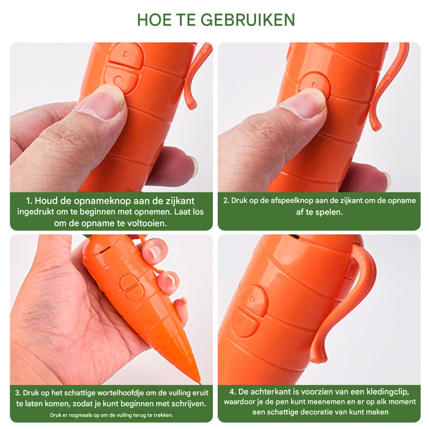 Vier Bilder zeigen die Benutzung eines Karottenstifts mit Knöpfen, Clip und Schreibspitze.
