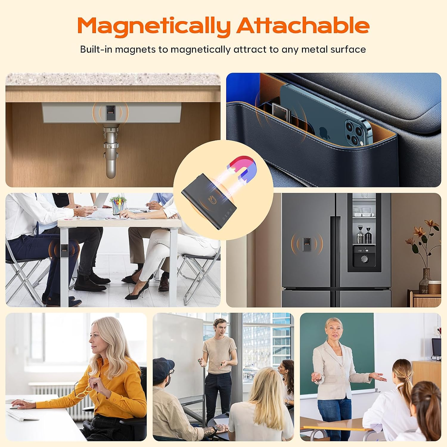 Ein Banner zeigt die magnetische Befestigung eines Gadgets an verschiedenen Oberflächen und in verschiedenen Alltagssituationen.