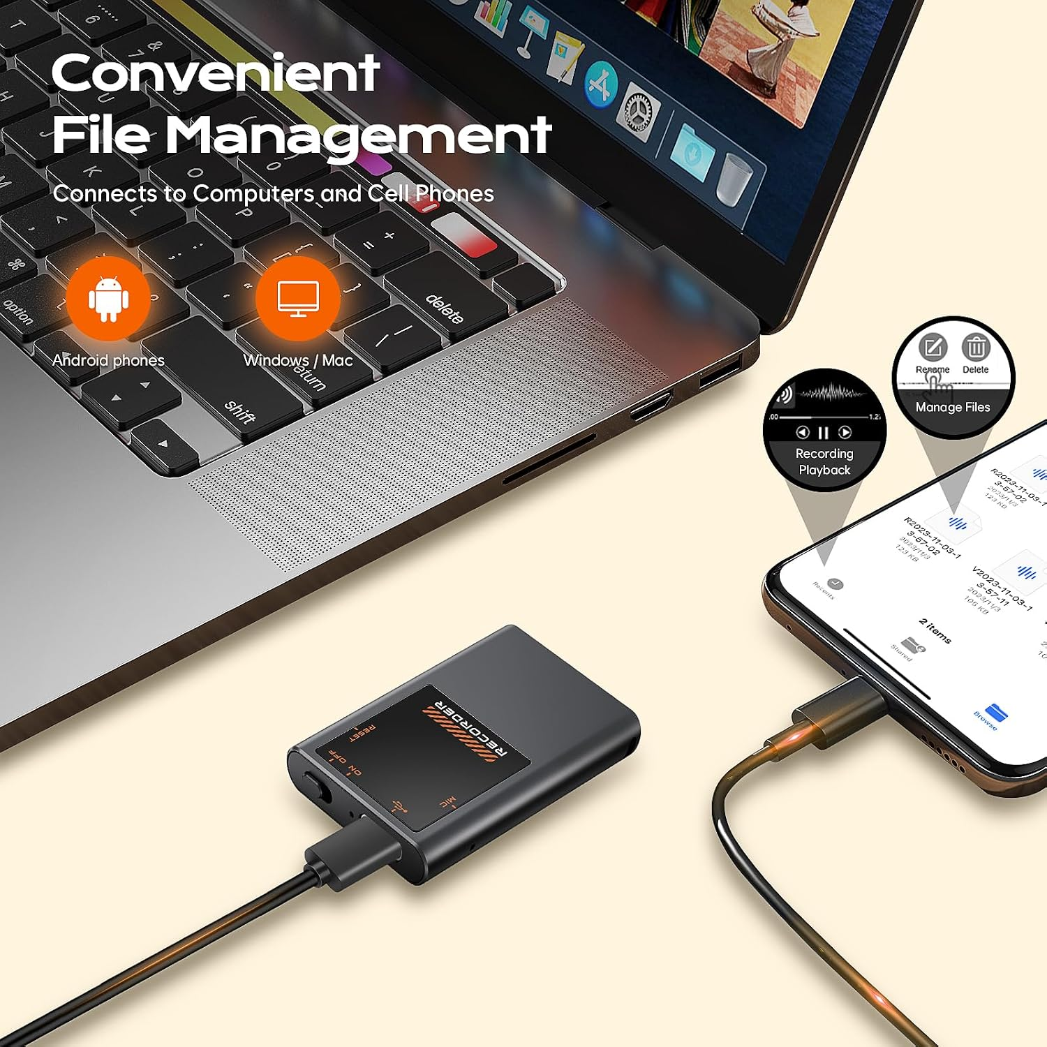 Ein Recorder ist per Kabel mit einem Laptop und einem Smartphone verbunden, mit Symbolen für die Dateiverwaltung.