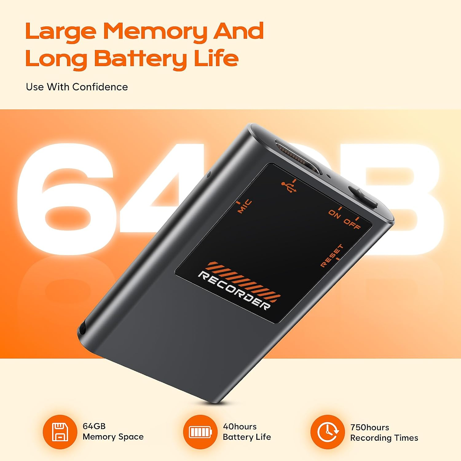 Ein schwarzer digitaler Diktiergerät liegt diagonal auf orangem Hintergrund mit 64GB Text.