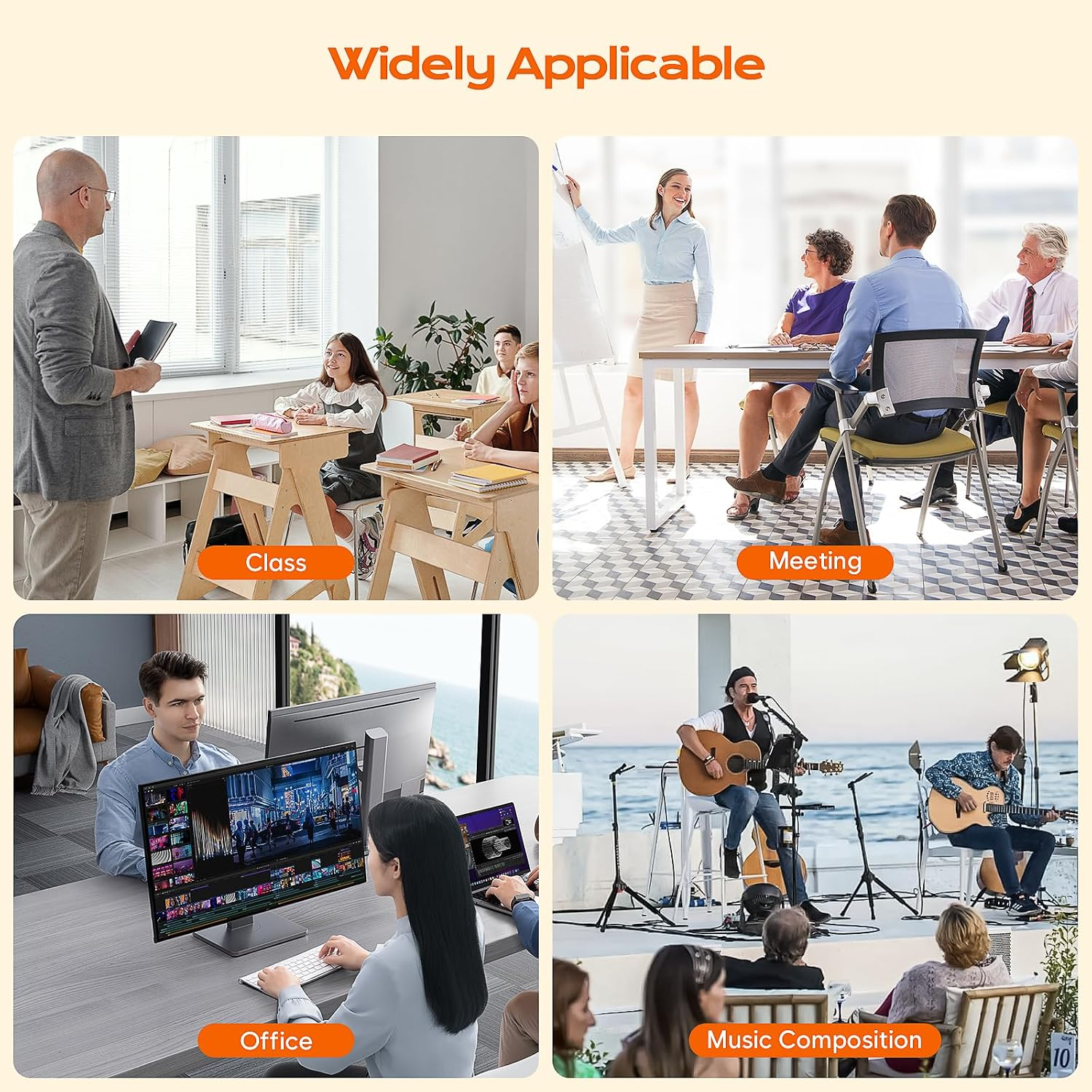 Vier Bilder zeigen Menschen in verschiedenen Situationen: Unterricht, Besprechung, Büro und Musikkomposition.