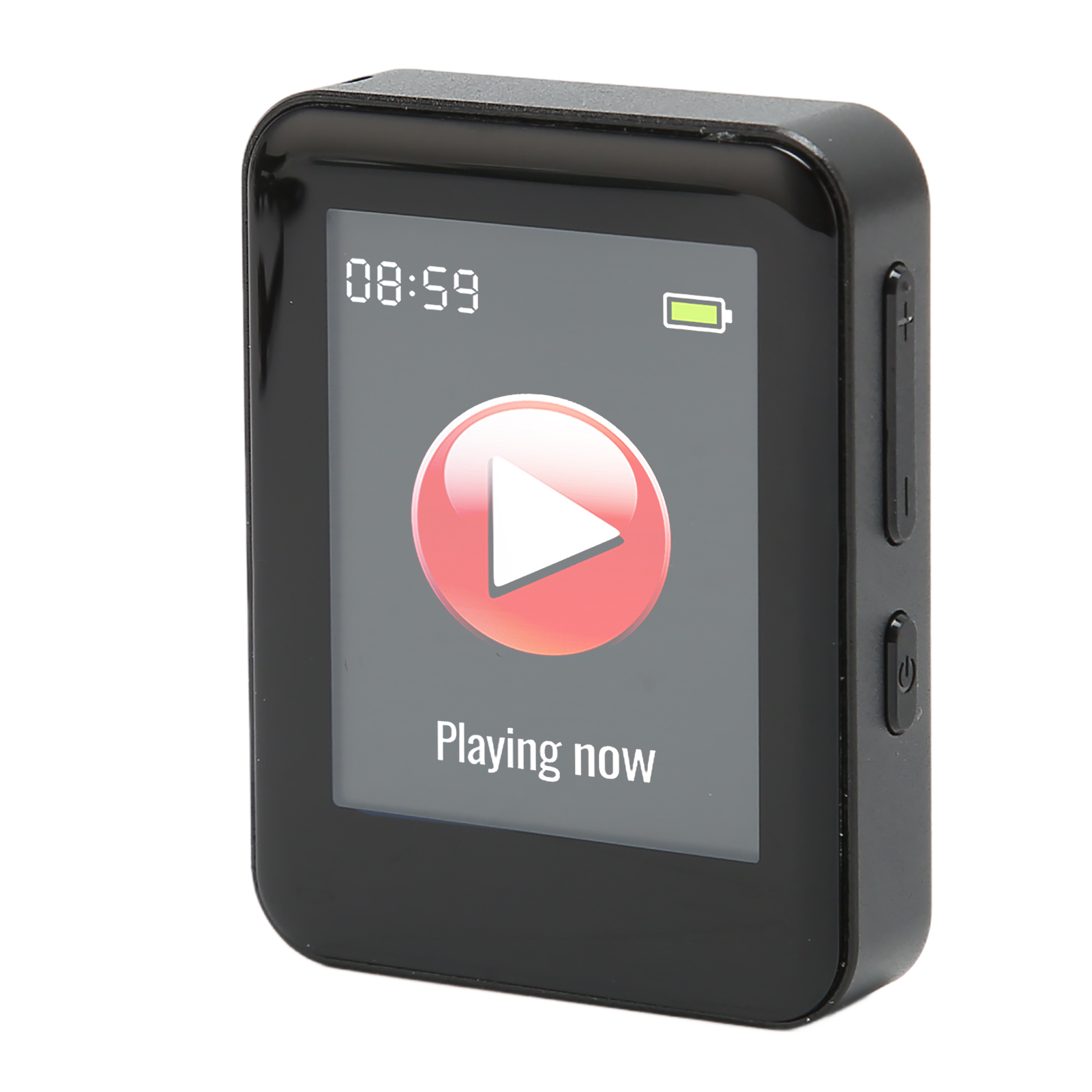 Ein kleiner schwarzer MP3-Player mit einem roten Play-Symbol auf dem Display auf weißem Hintergrund.