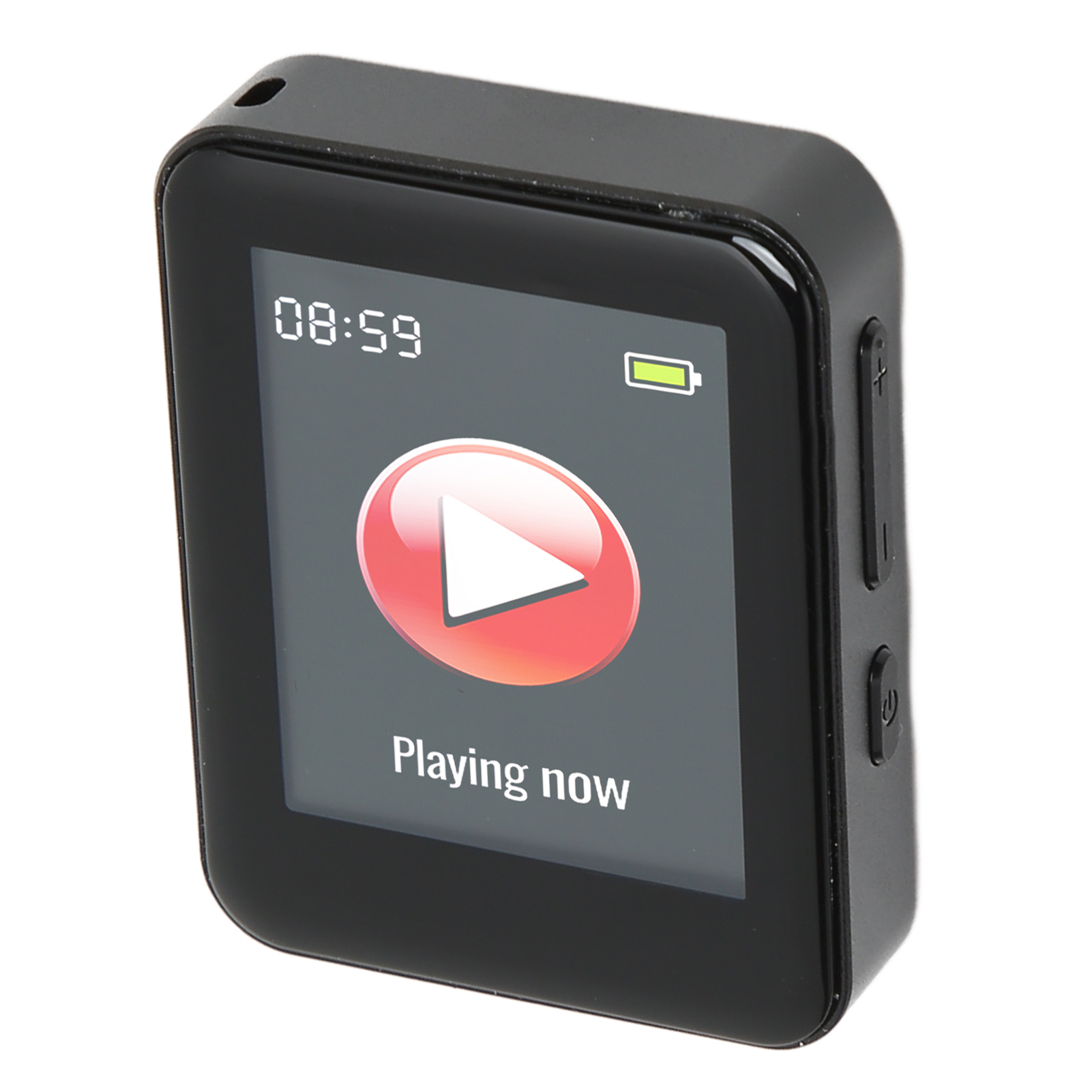 Schwarzer digitaler MP3-Player mit einem Display, das die Wiedergabe anzeigt.