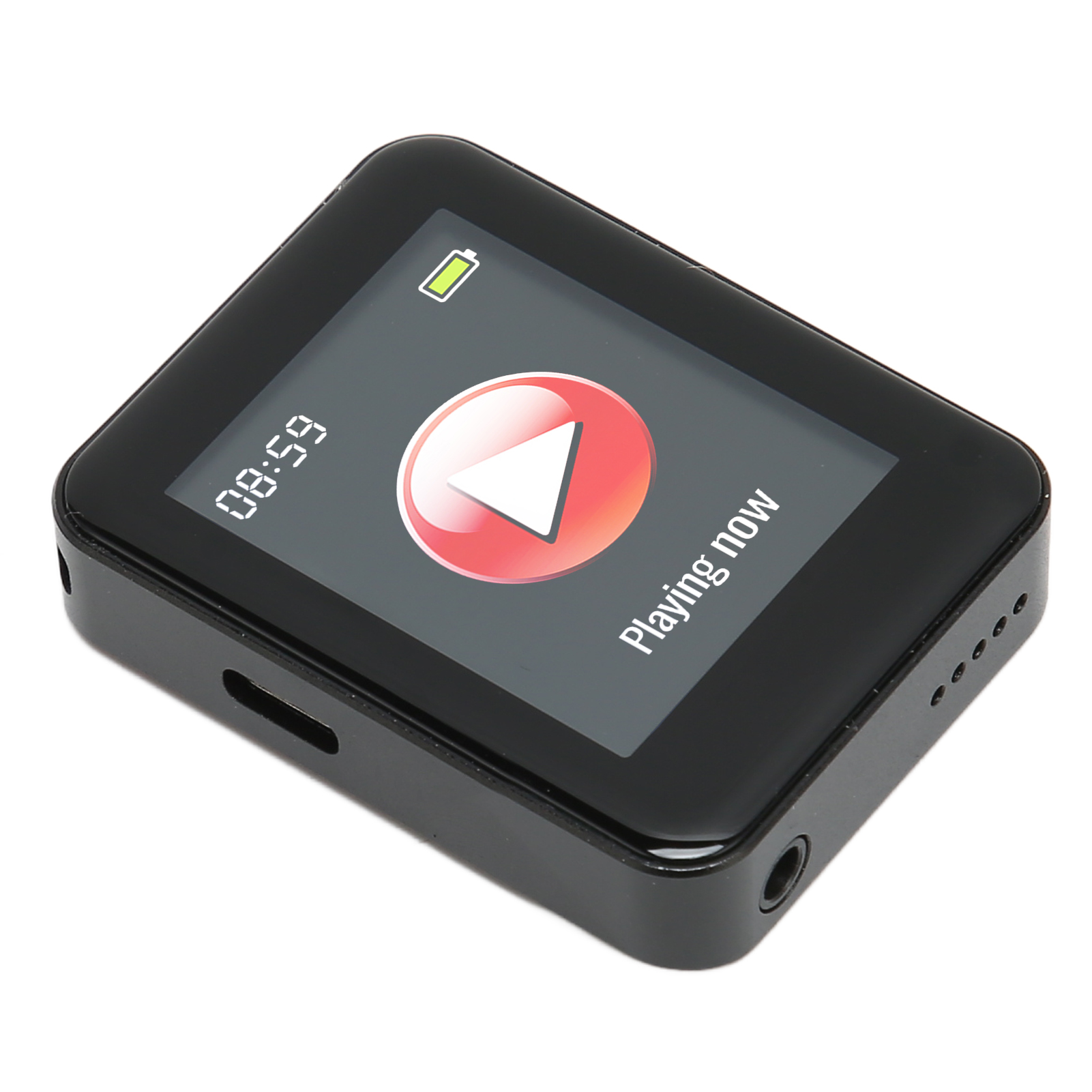 Ein schwarzer tragbarer Musikplayer zeigt einen roten Play-Button, ein Batteriesymbol und die Uhrzeit.
