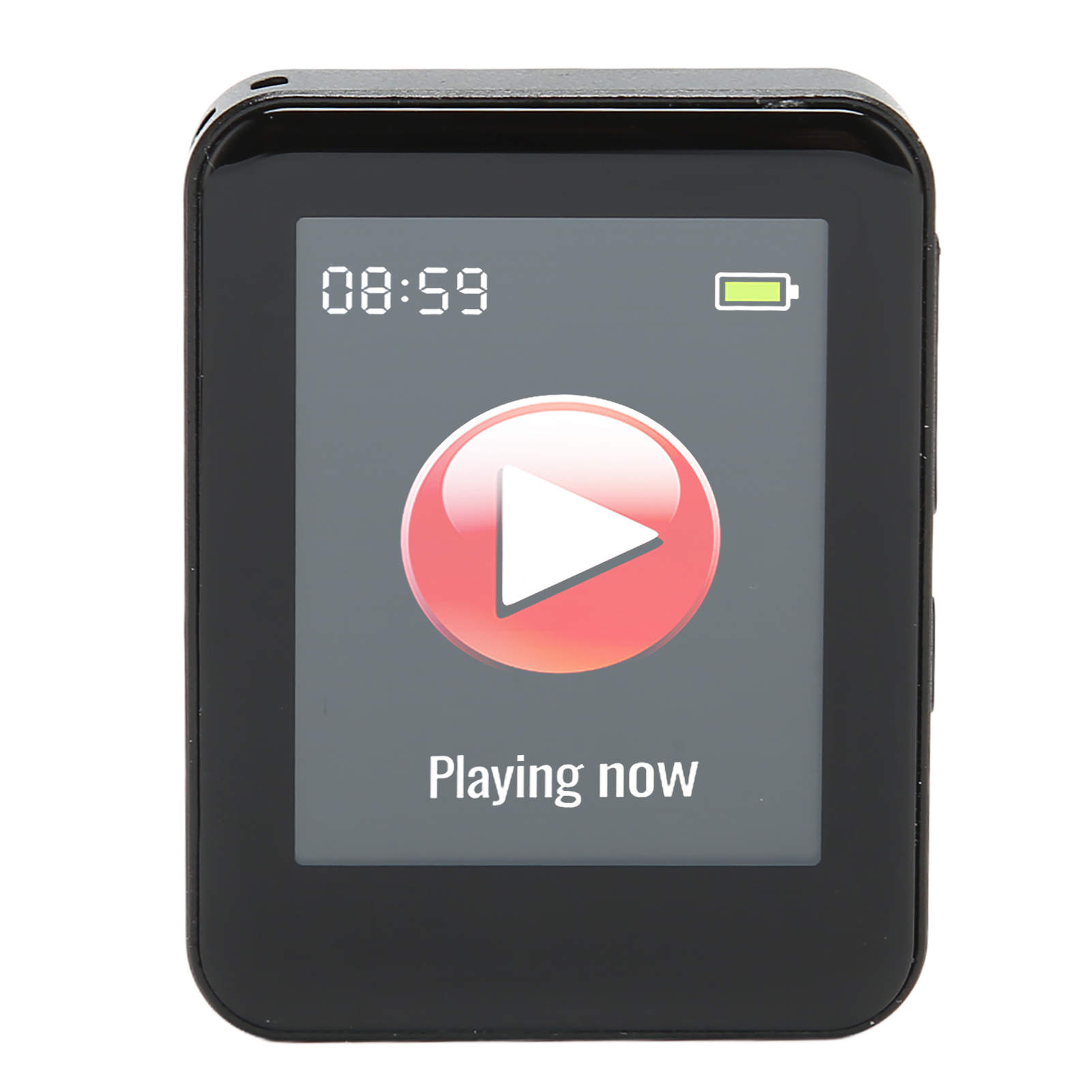 Ein kleiner schwarzer MP3-Player mit einem roten Wiedergabe-Symbol und der Anzeige Playing now auf dem Bildschirm.