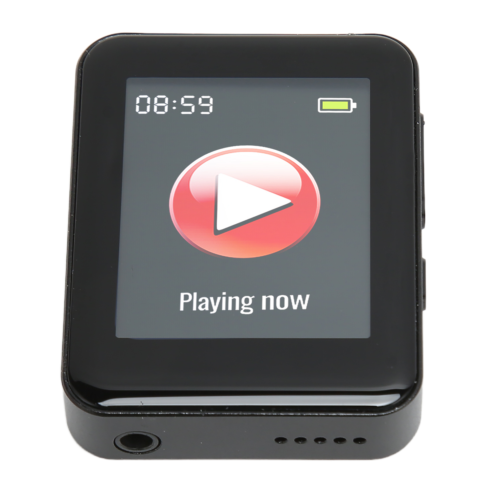 Ein kleiner schwarzer MP3-Player mit einem roten Wiedergabeknopfsymbol auf dem Bildschirm gegen weißen Hintergrund.