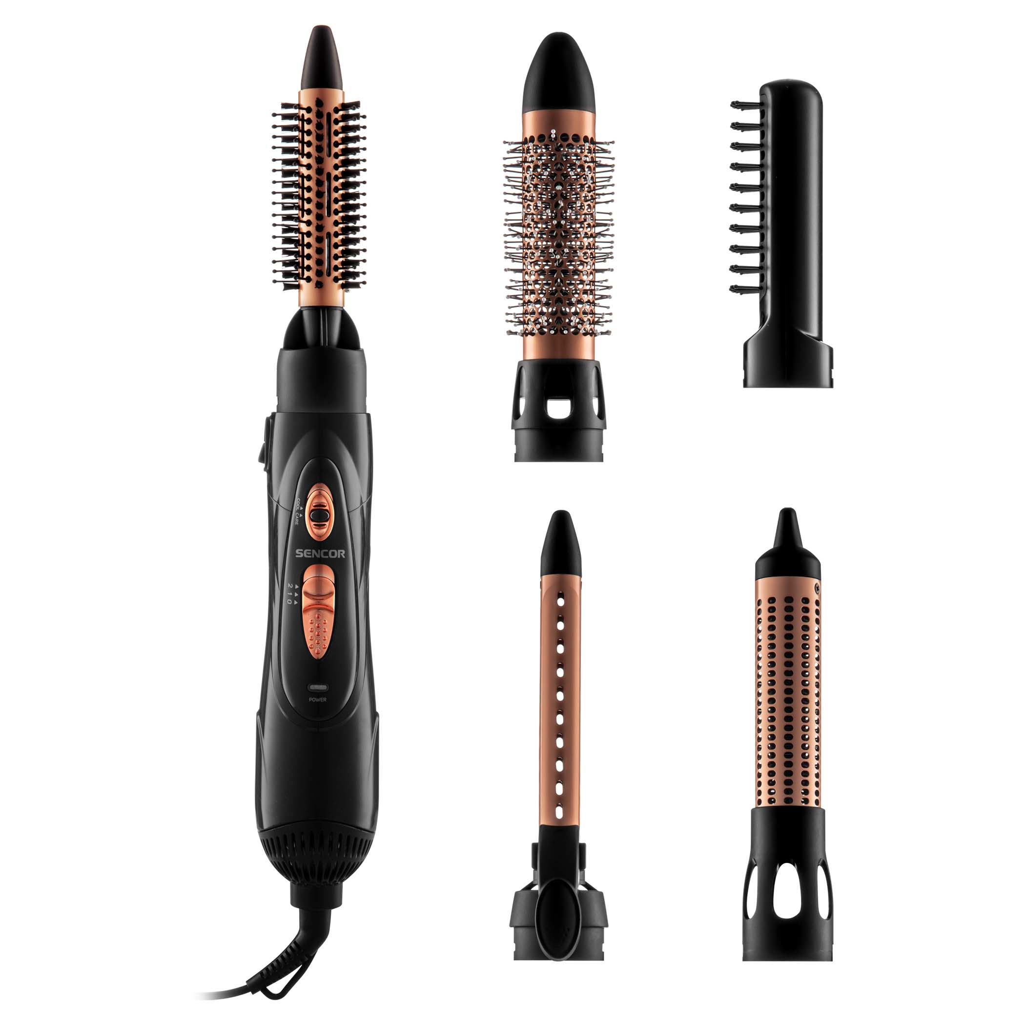 Un styler ad aria nero Sencor con quattro diversi accessori intercambiabili su sfondo bianco.