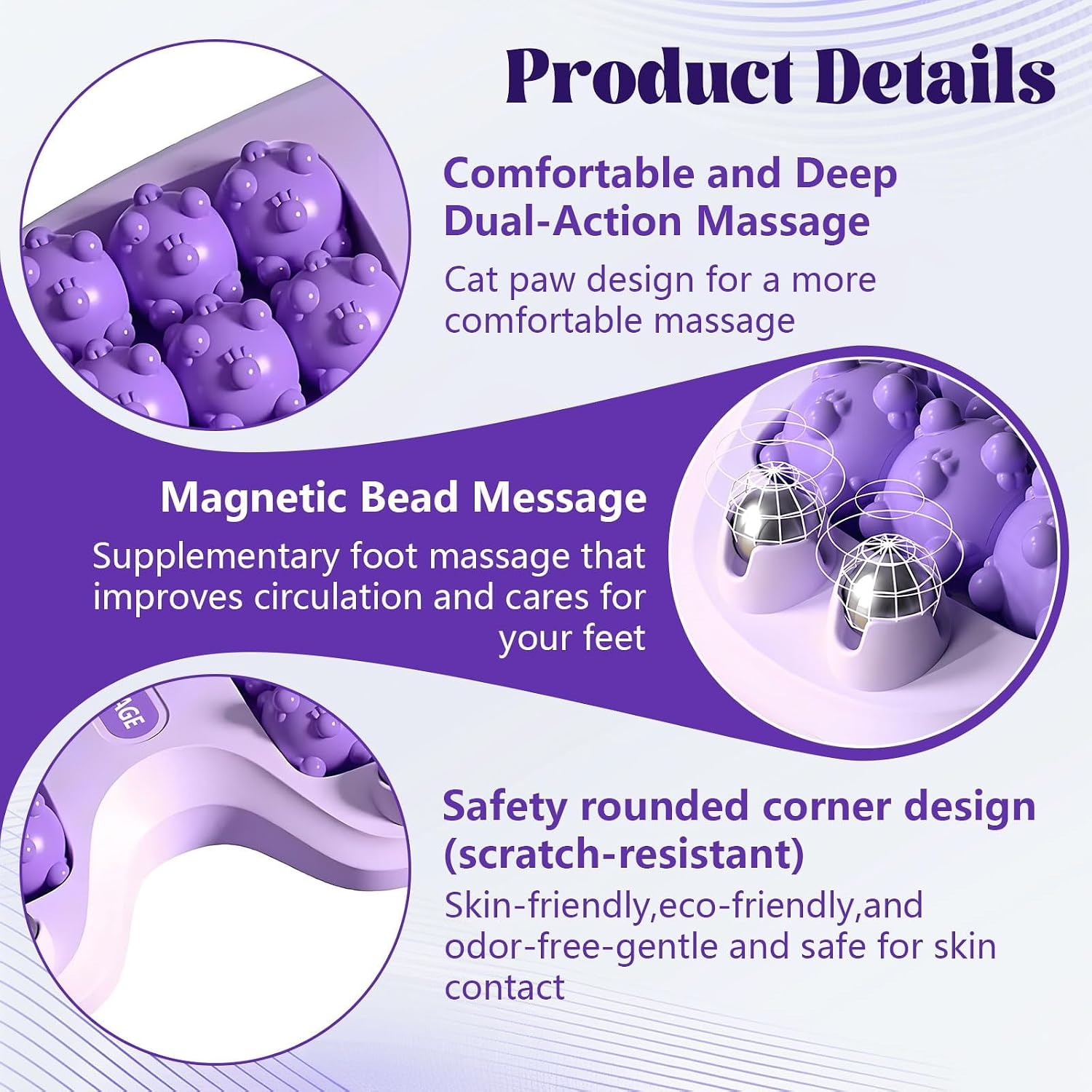 Produktmerkmale des lila Fußmassagegeräts mit Katzenpfoten-Design und Magnetkugeln.