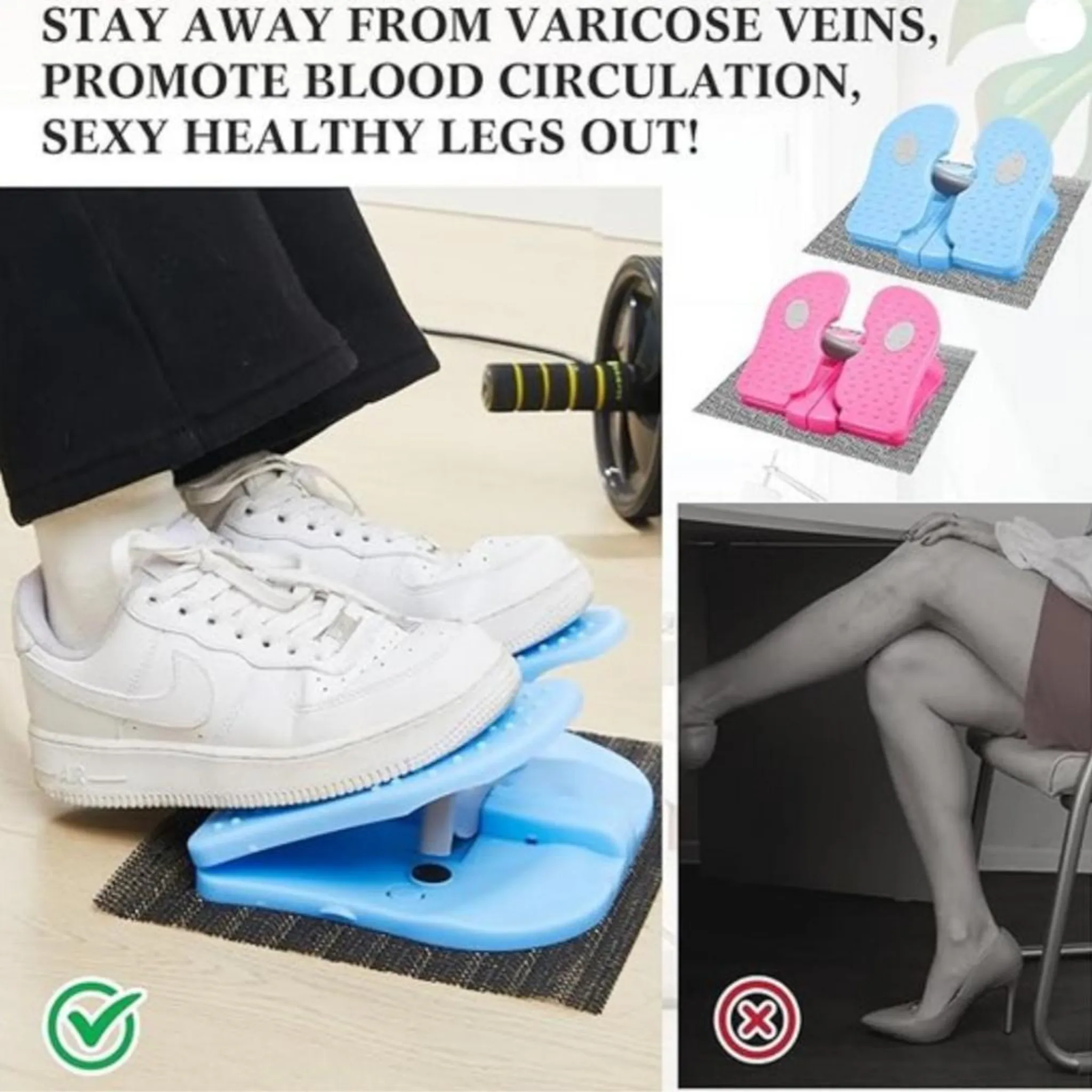 Werbung zeigt Beine auf einer blauen Fußwippe mit Häkchen, im Kontrast zu gekreuzten Beinen mit rotem Kreuz.