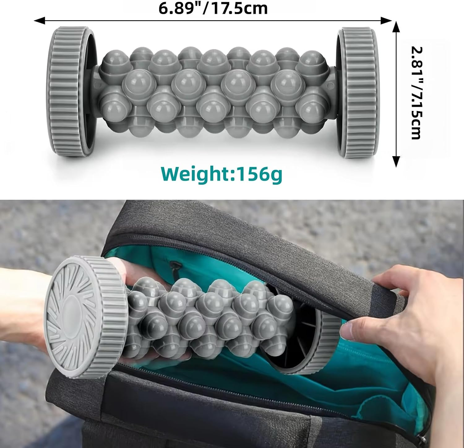Graue Fußmassage-Rolle mit Abmessungen und Gewichtsangabe sowie dem Einlegen in eine Tasche.