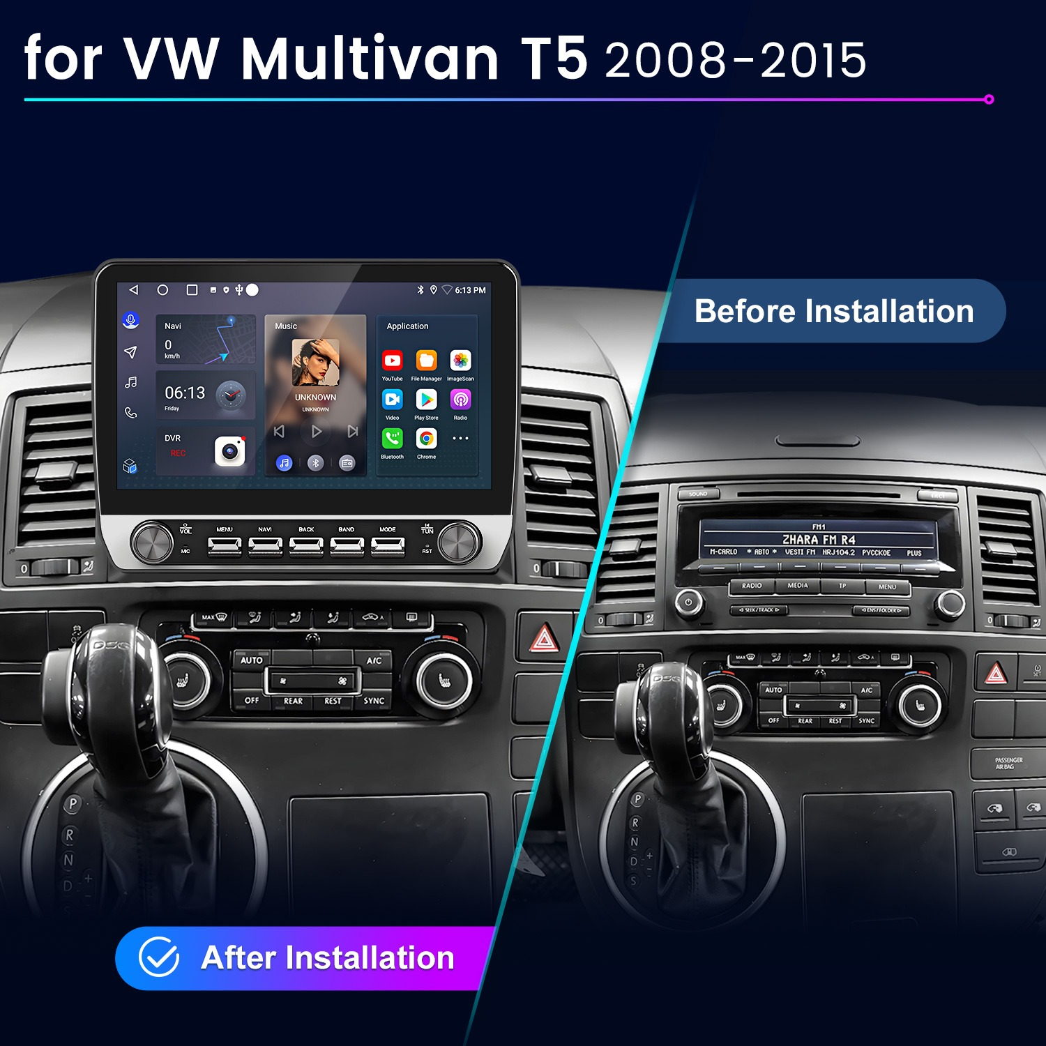 Vergleich des VW Multivan T5 Armaturenbretts vor und nach der Installation eines Touchscreen-Systems.