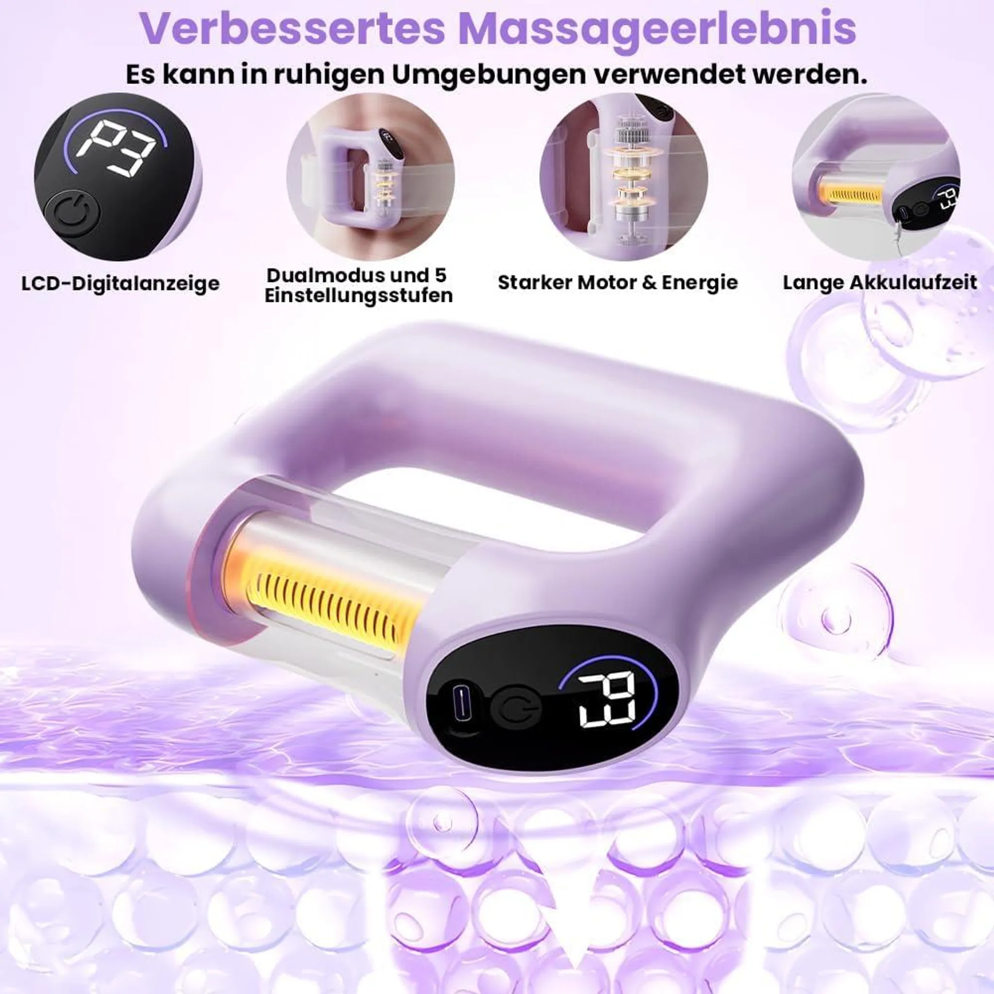 Ein tragbares, violettes Massagegerät mit digitalem Display und vier erklärenden Bildkreisen.