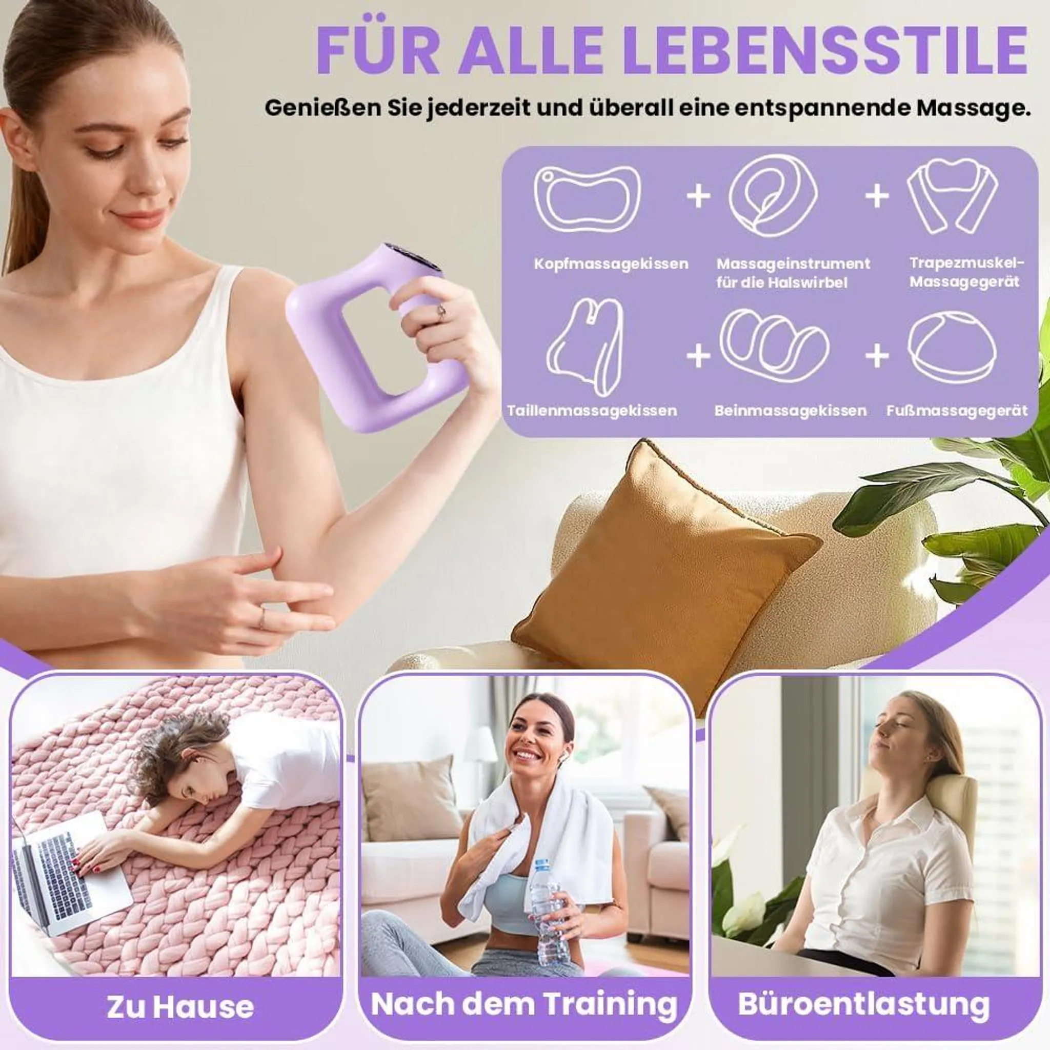 Eine Frau hält ein lila Massagegerät, unten sind verschiedene Produktanwendungen gezeigt.