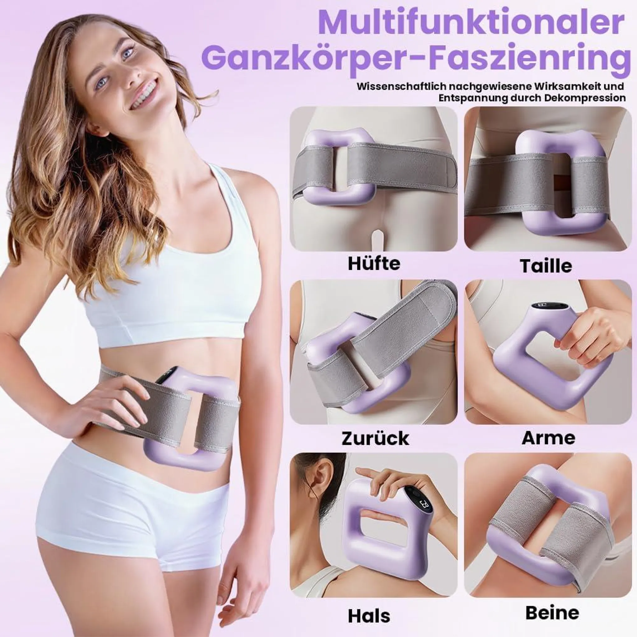Eine Frau präsentiert einen multifunktionalen Ganzkörper-Faszienring mit Anwendungen für Hüfte, Taille, Rücken, Arme, Hals und Beine.