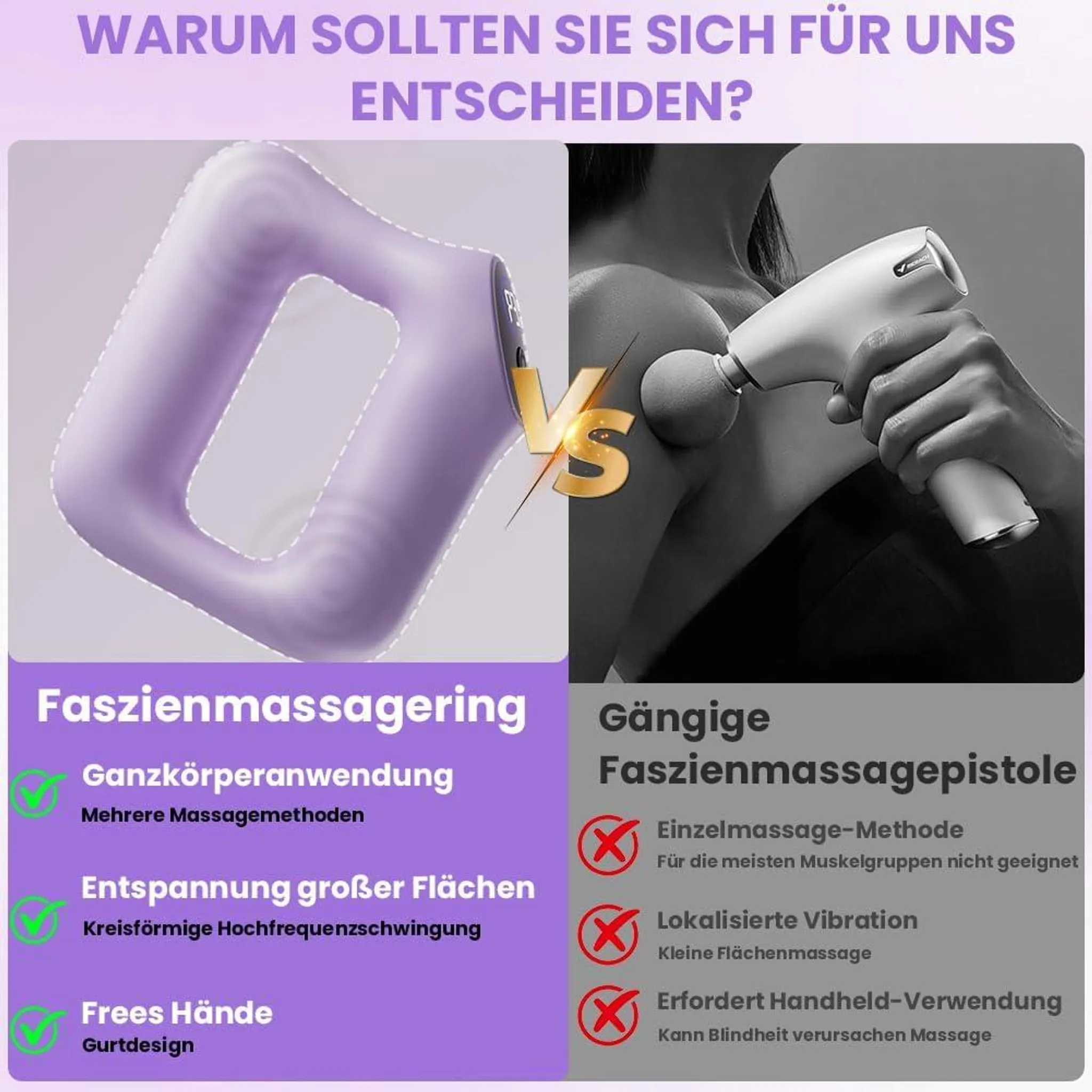 Vergleich zwischen einem lila Faszienmassage-Ring und einer herkömmlichen weißen Massagepistole mit Vor- und Nachteilen.