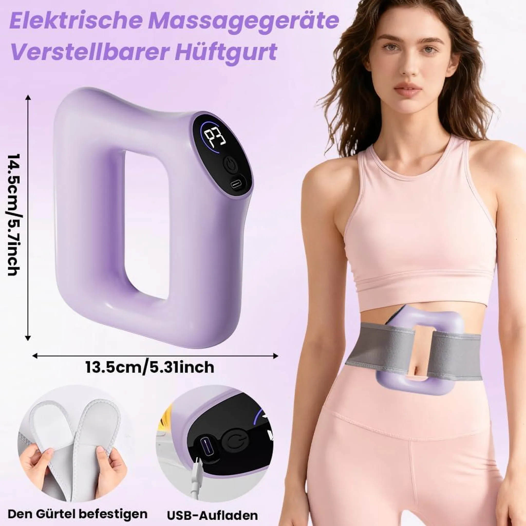 Lila elektrisches Massagegerät mit verstellbarem Gürtel und USB-Lademöglichkeit, gezeigt mit Maßen.