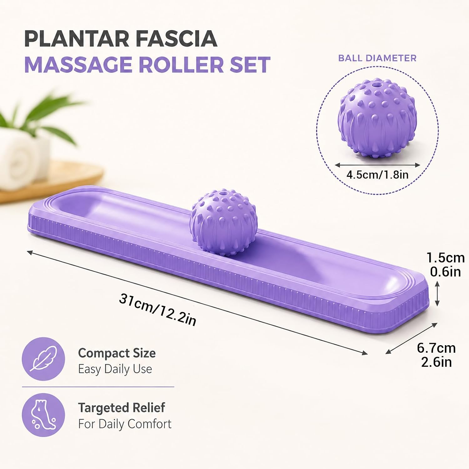 Lila Plantarfaszien-Massage-Set mit Maßen und einer Noppenball-Detailskizze.