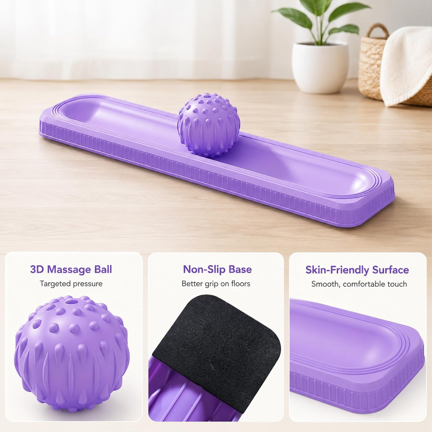 Ein lila Massagebrett mit Noppenball, rutschfester Basis und glatter Oberfläche, auf Holzboden präsentiert.