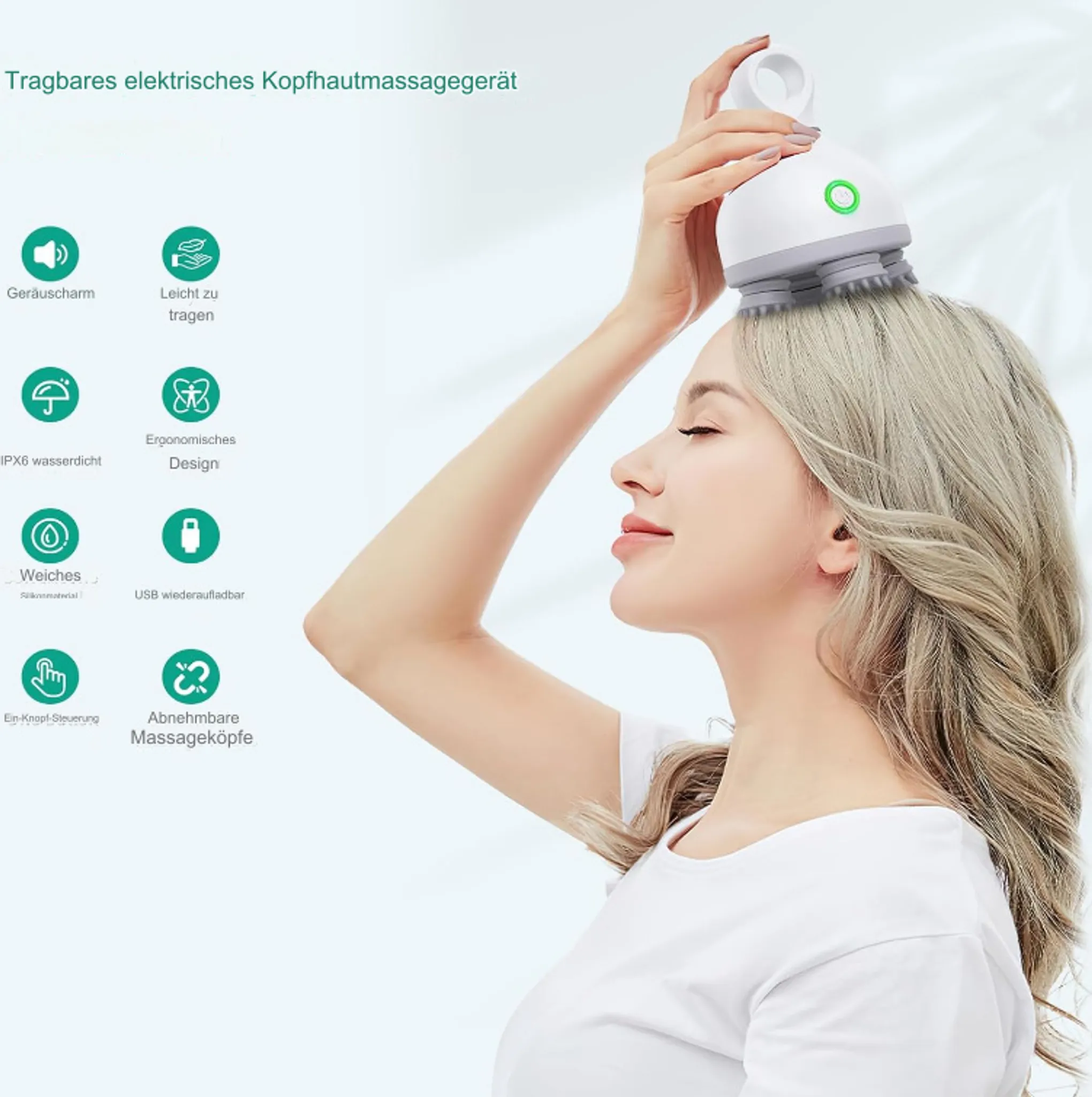 Eine Frau benutzt ein weißes, elektrisches Kopfhautmassagegerät mit Funktionssymbolen links.