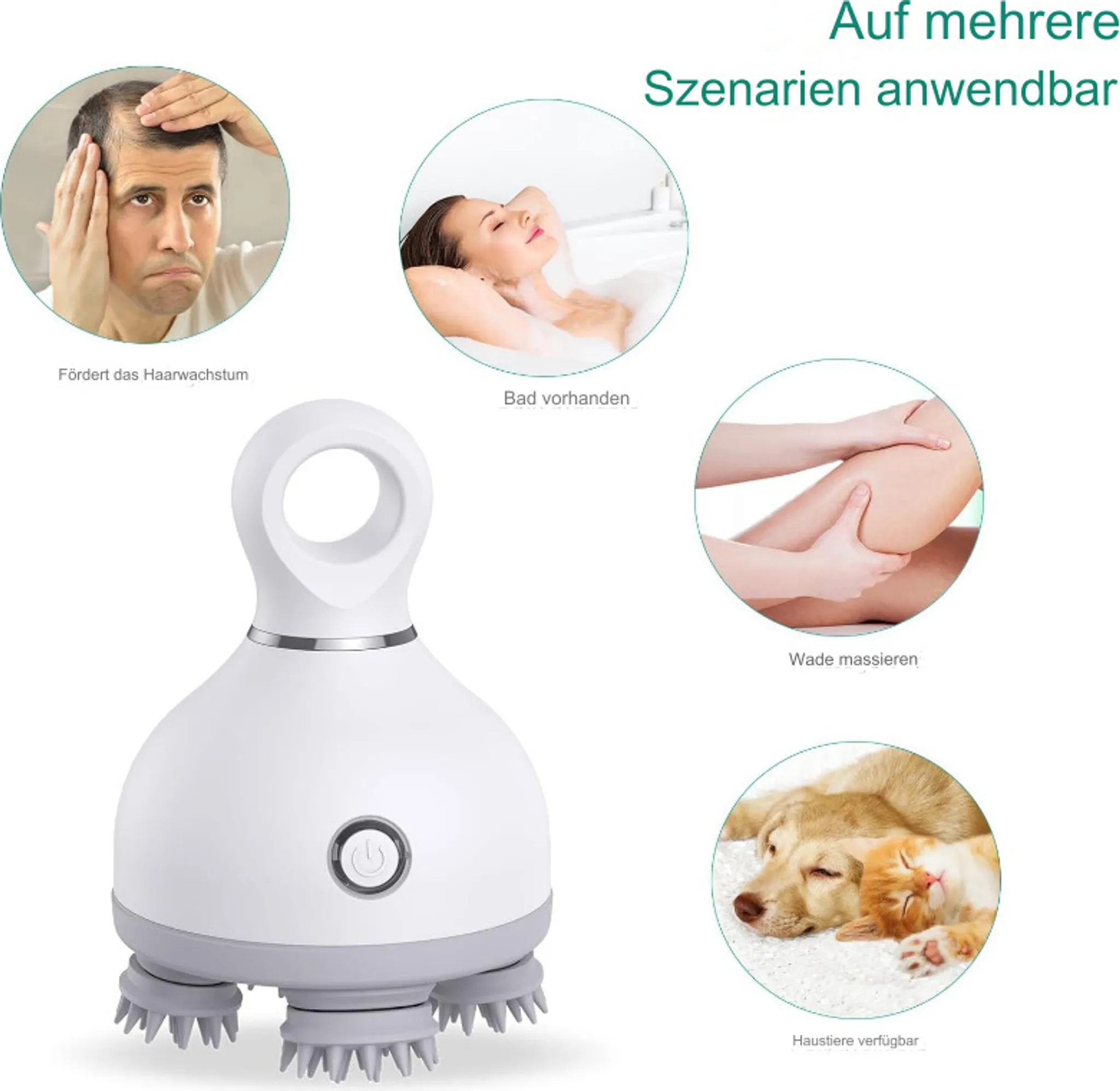 Weißes elektrisches Massagegerät mit Griff und vier Massageköpfen, umgeben von vier Anwendungsbildern.