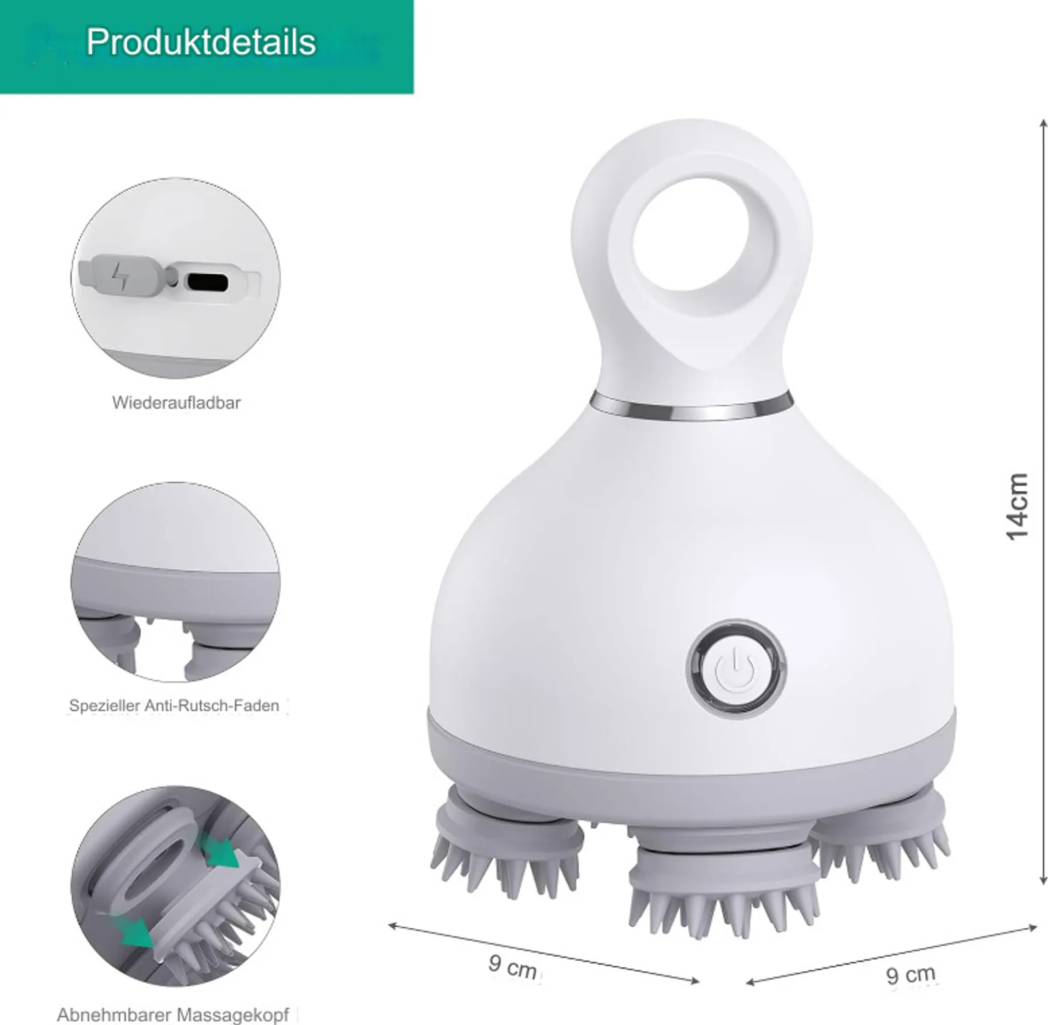 Weißes elektrisches Kopfhautmassagegerät mit vier Massageköpfen und Maßen von 14x9 cm.