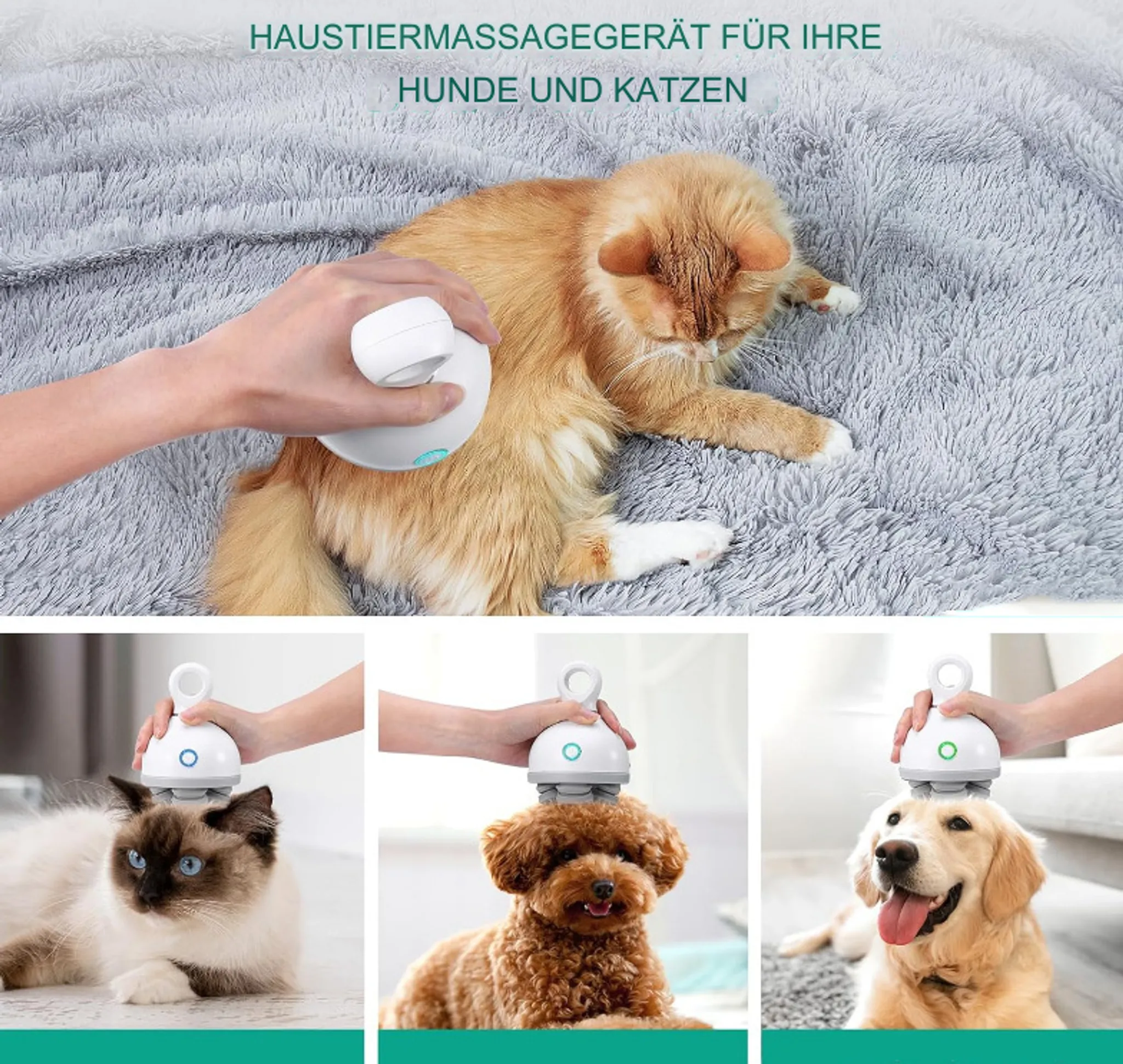 Eine Hand benutzt ein weißes Elektro-Massagegerät an einer orangefarbenen Katze und Hunden auf einer grauen Decke.